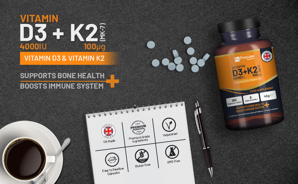 Prowise Healthcare Vitamin D3 4000IU + K2 MK7 100µg, 180 Vegetarian Tablets