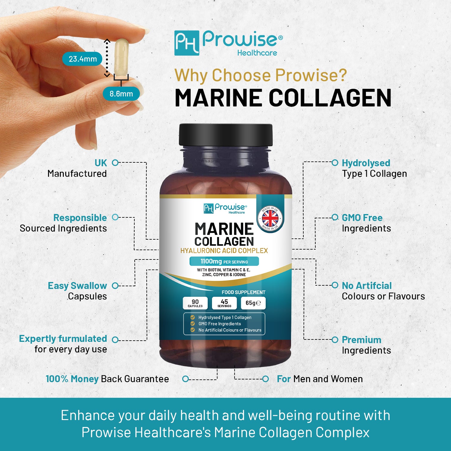 Marine Collagen Complex with Hyaluronic Acid 1100mg, 90 Capsules, Made in UK by Prowise