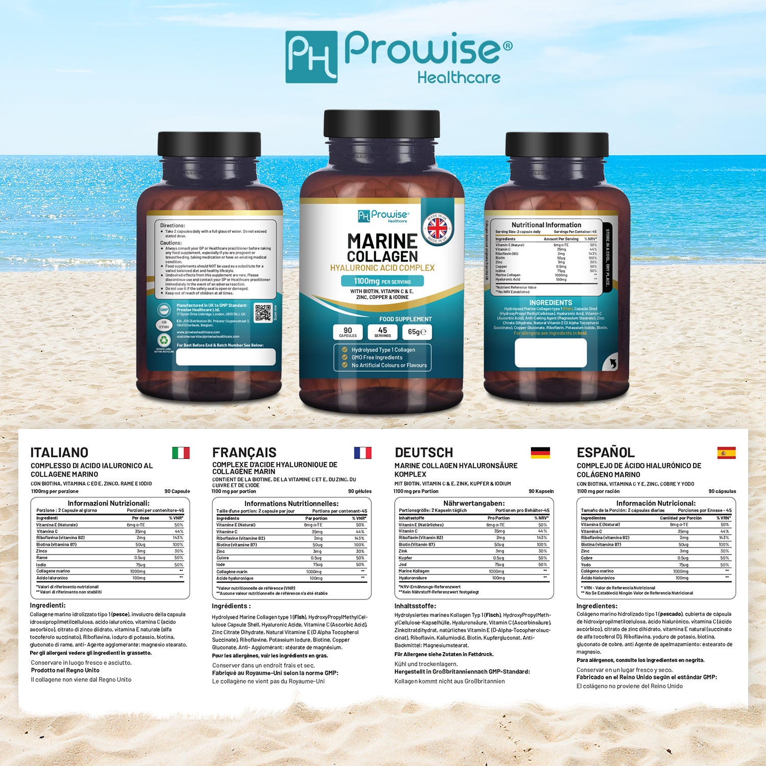 Marine Collagen Complex with Hyaluronic Acid 1100mg, 90 Capsules, Made in UK by Prowise