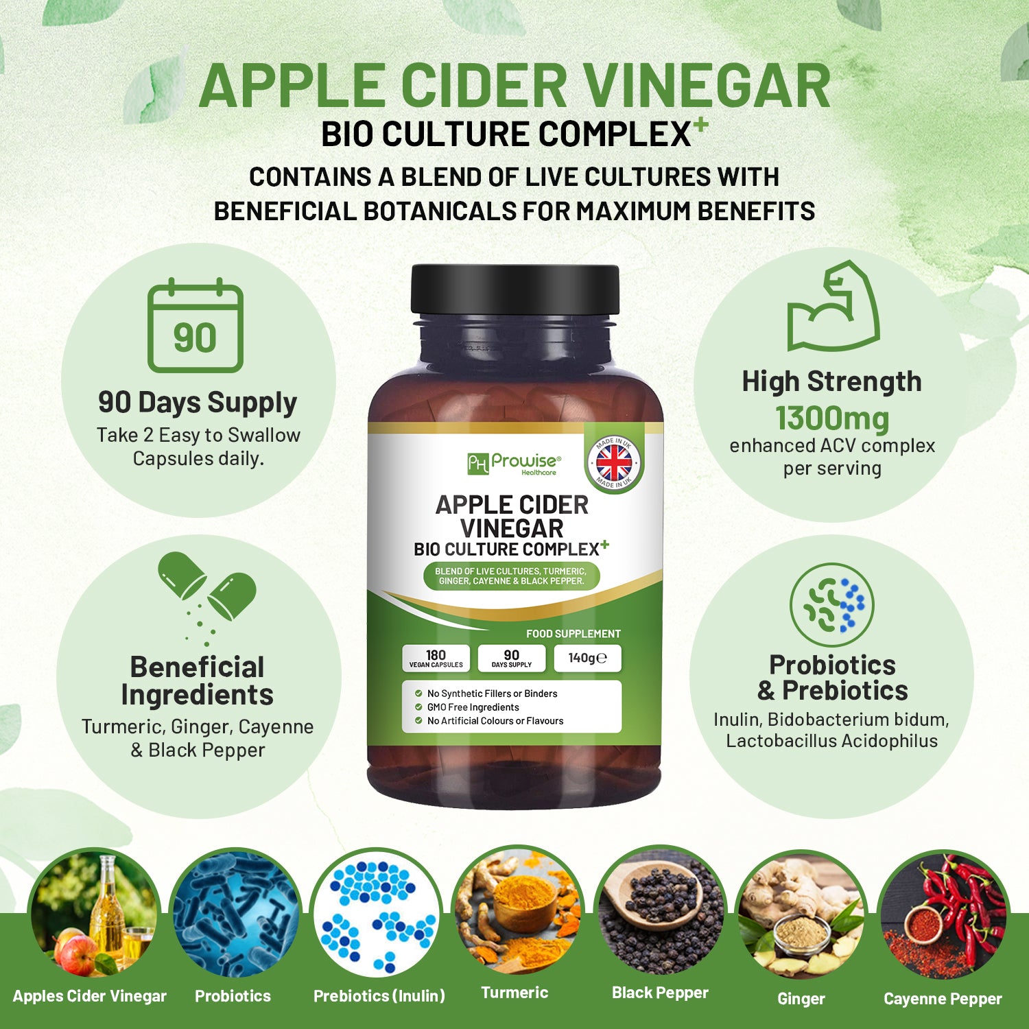 Prowise Apple Cider Vinegar Bio Culture Complex 1300mg 180 Capsules Vegan Made in UK