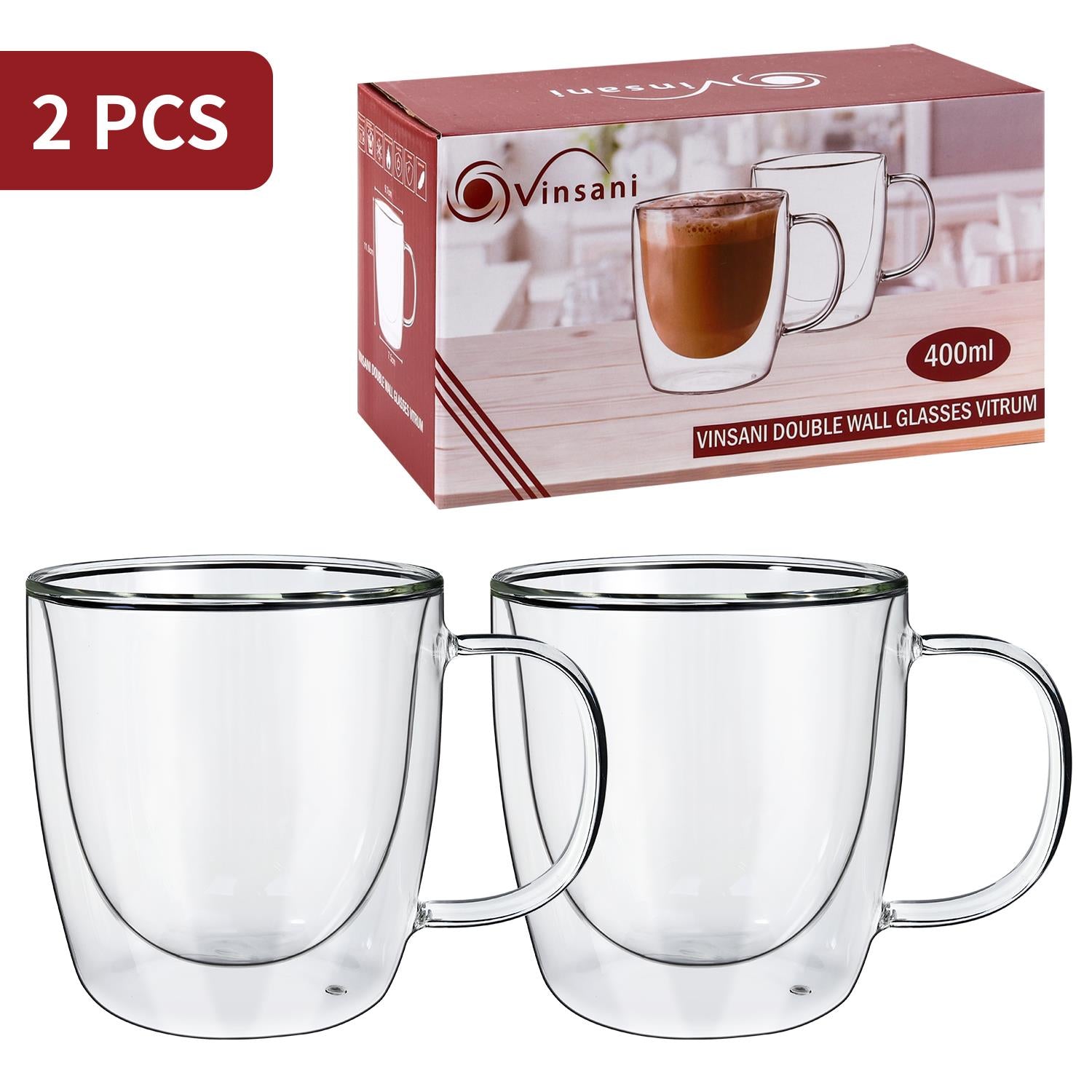 Vinsani Vitrum Double Wall Glasses Set of 2, Borosilicate Glass, Dishwasher Safe