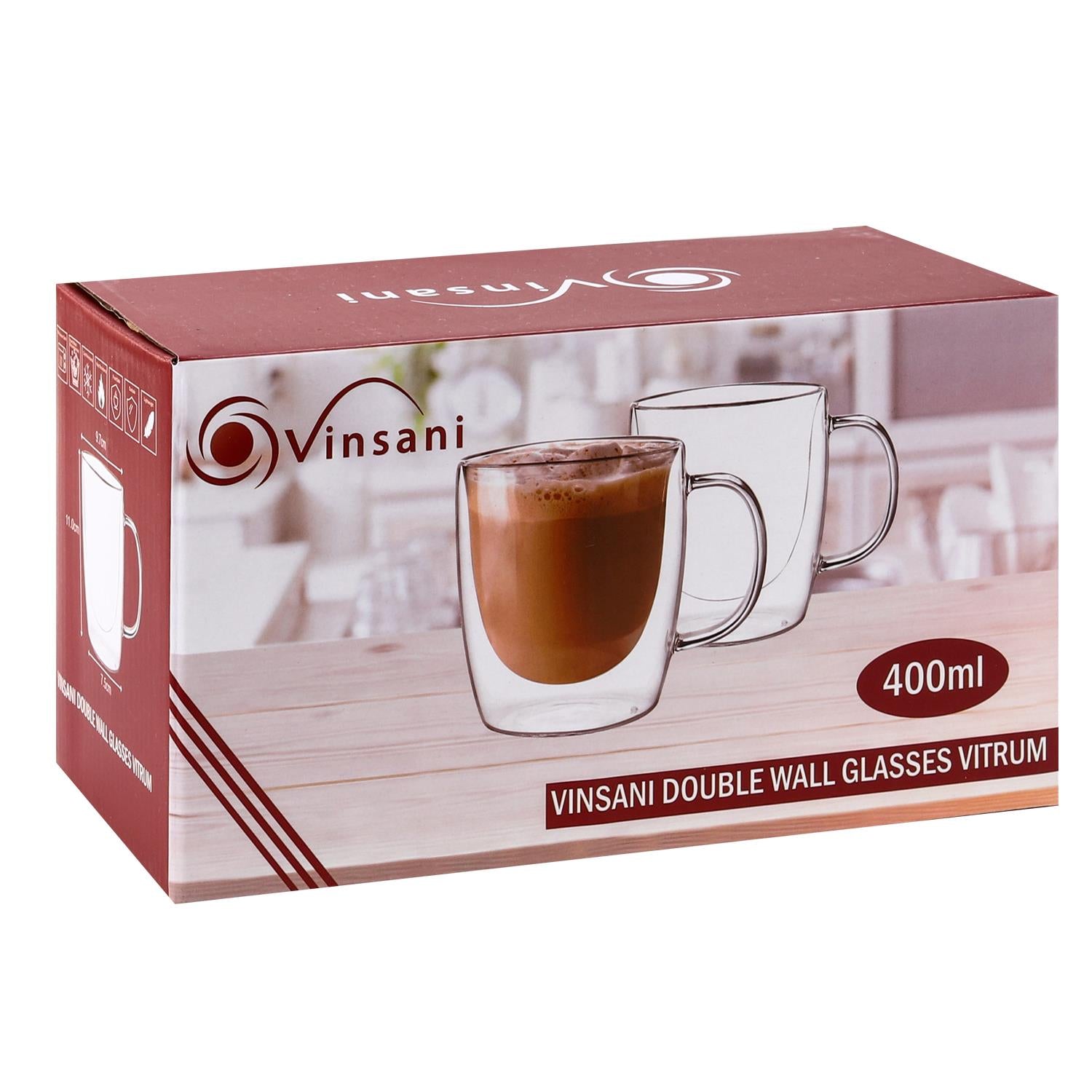 Vinsani Vitrum Double Wall Glasses Set of 2, Borosilicate Glass, Dishwasher Safe