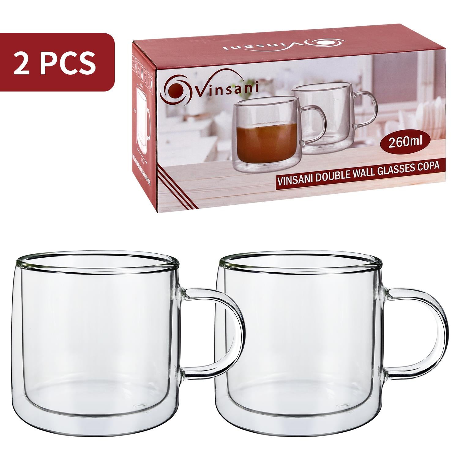 Vinsani Copa 1010310 Double Wall Glasses Transparent Double Walled Cups for Hot and Cold Drinks