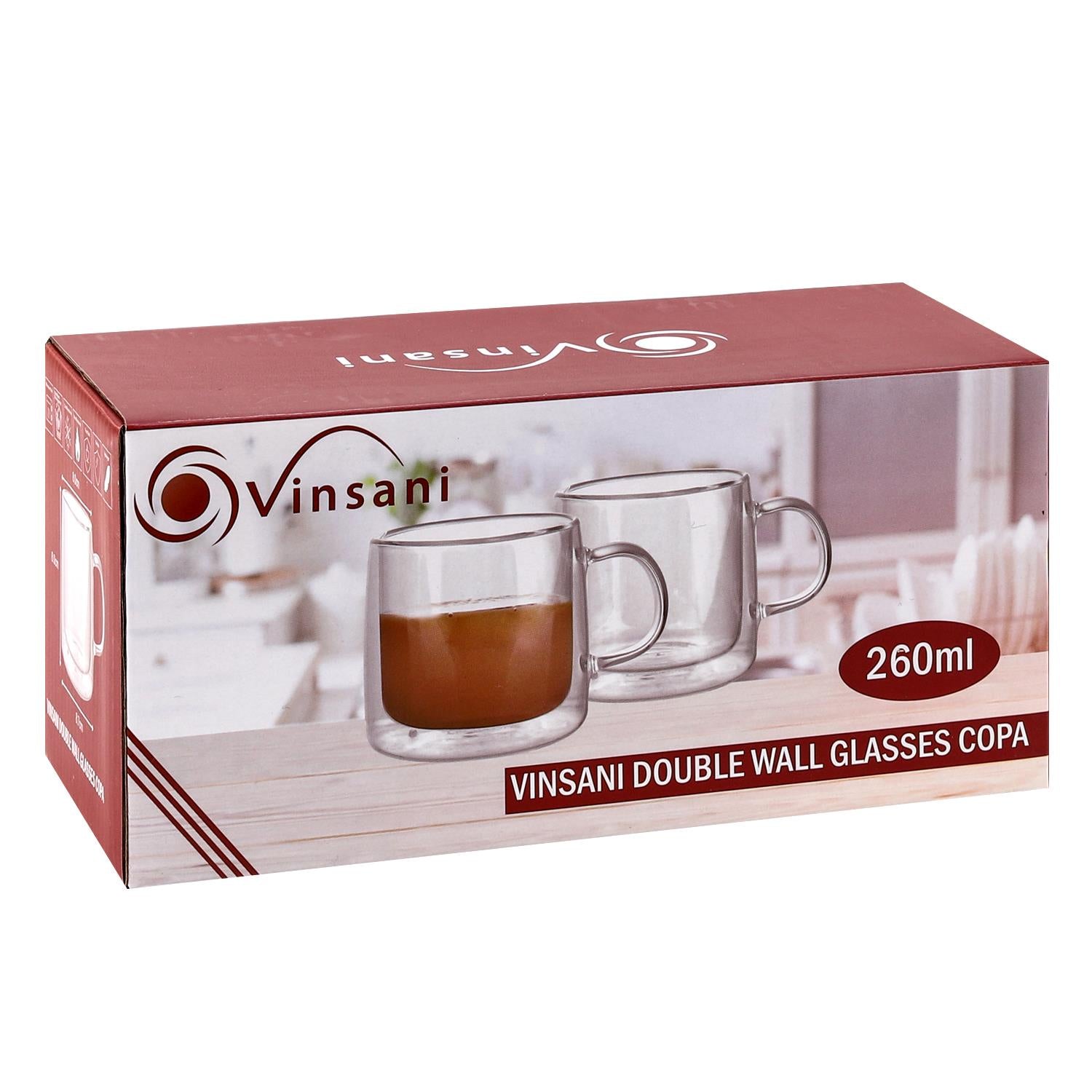 Vinsani Copa 1010310 Double Wall Glasses Transparent Double Walled Cups for Hot and Cold Drinks