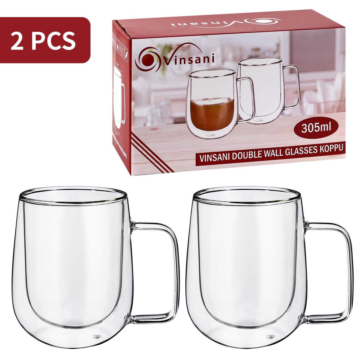 Vinsani Double-Walled Glasses Set of 2, Transparent Drinkware
