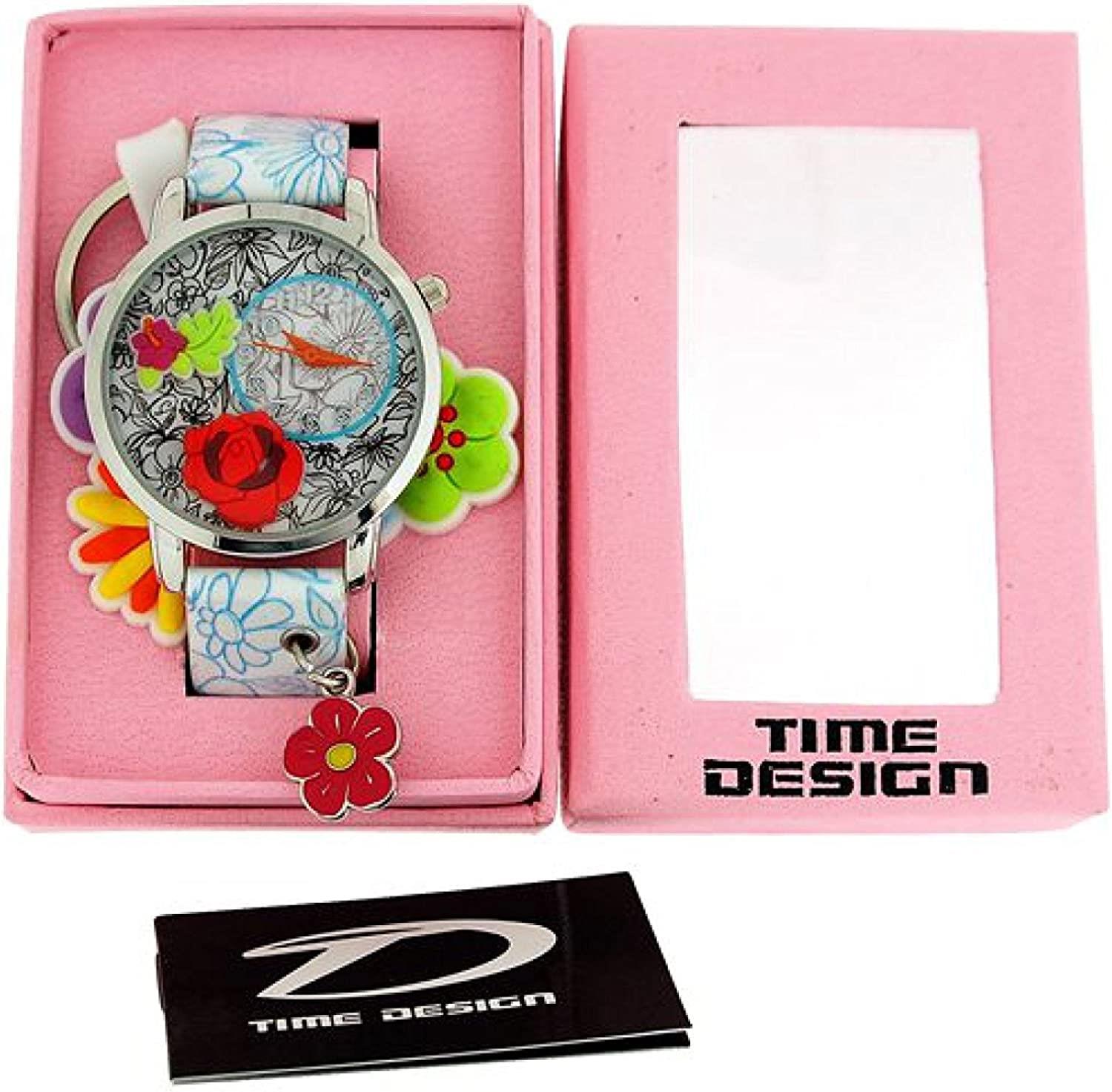 Time Design Kids Children Quartz Analogue Floral Watch Key Ring Set TDX4526 - CLEARANCE NEEDS RE-BATTERY