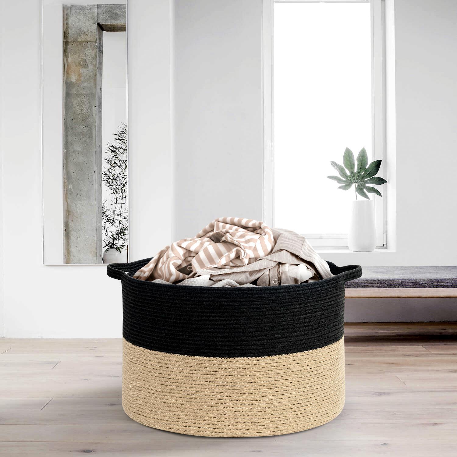 Vinsani Hand-Woven Cotton Rope Laundry Basket, Freestanding Foldable Storage Hamper, 56 x 35.5 cm