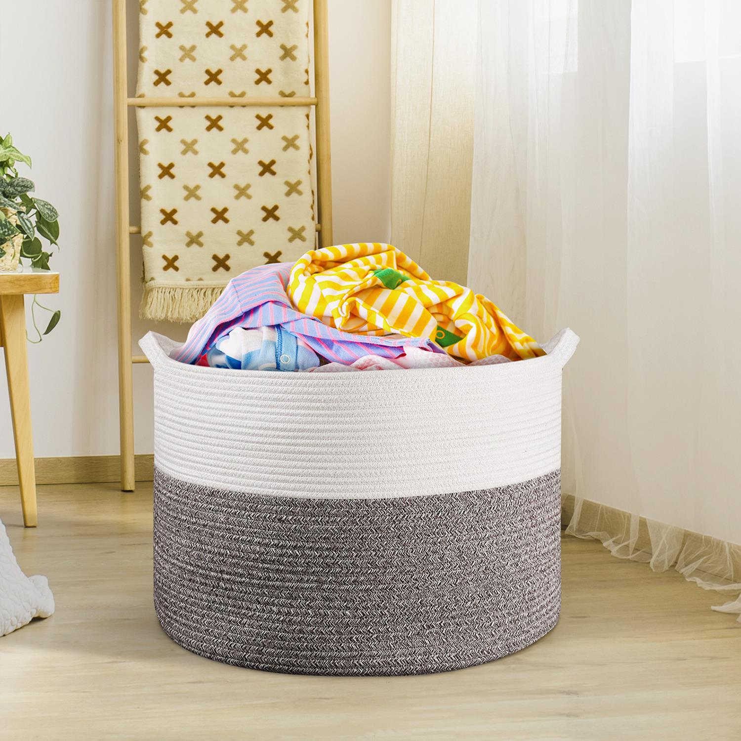 Vinsani Hand-Woven Cotton Rope Laundry Basket, White/Natural