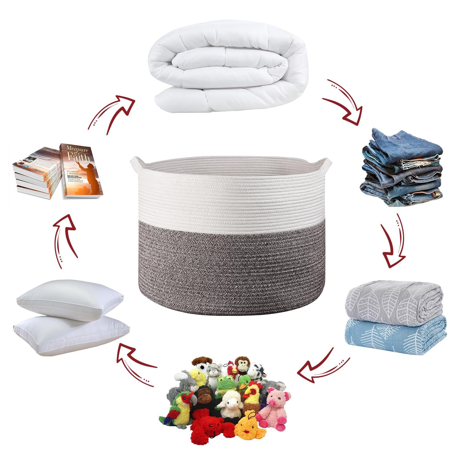 Vinsani Hand-Woven Cotton Rope Laundry Basket, White/Natural