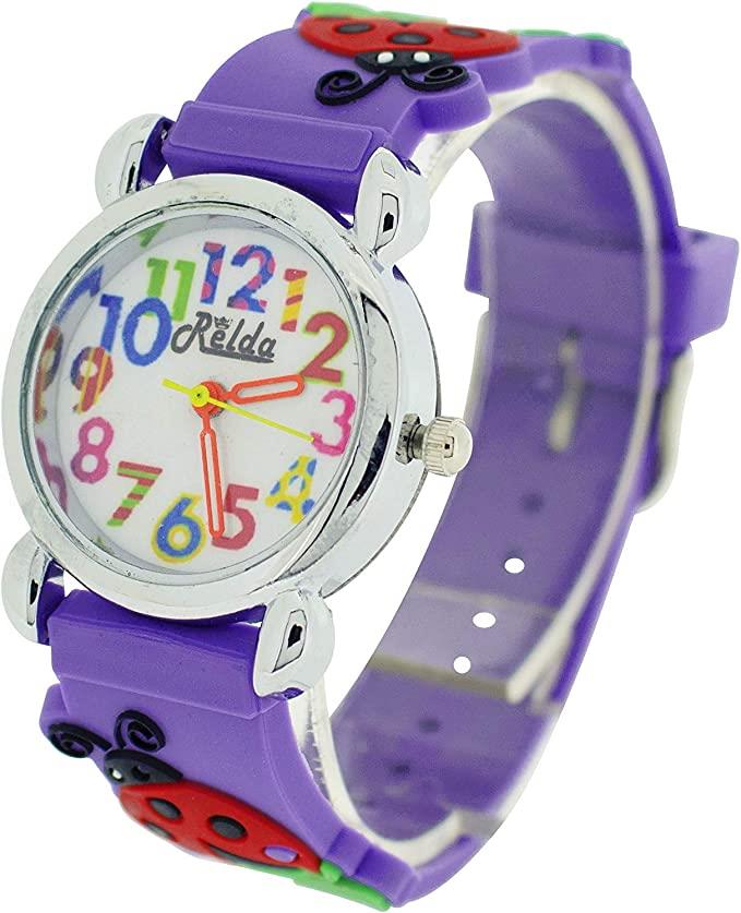 Relda Children's Big Number Analog Ladybird On Purple Silicone Strap Girl's Watch REL105