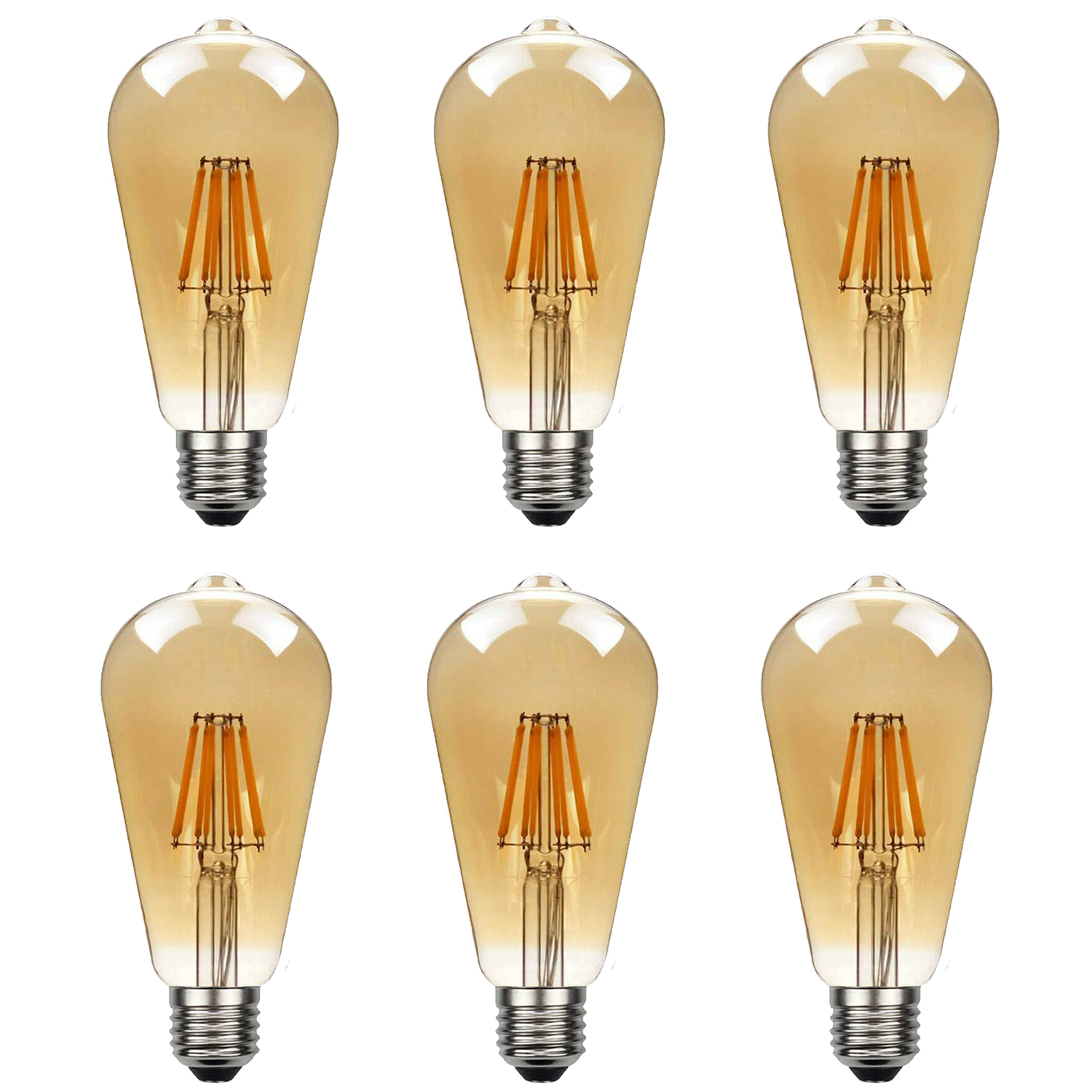 6-Pack E27 Dimmable Vintage LED Edison Bulbs, Amber Glass, Warm White 2700K, ST64, 800lm