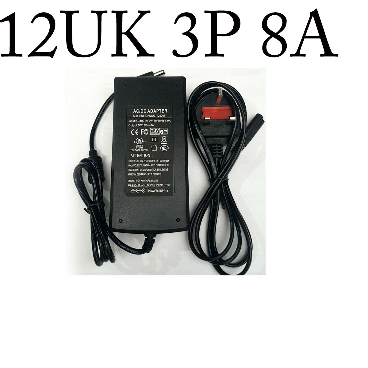 AC to DC 12V Power Adapter, UK Plug, 100-240V Input, Short Circuit Protection