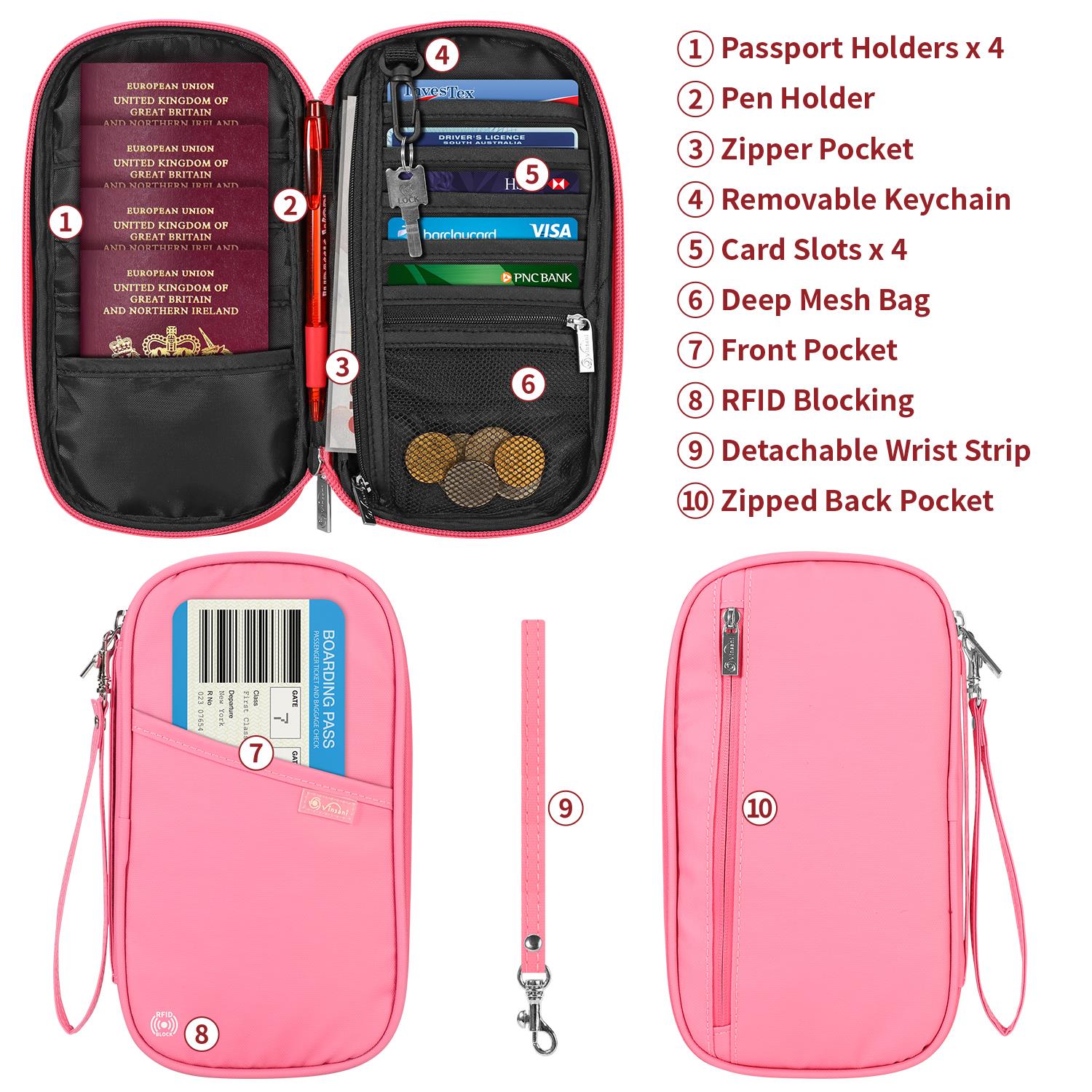 Vinsani Deluxe Passport Holder Travel Wallet with RFID Protection, 4 Passport Holders, 5 Card Slots, Pen Slot, Zip Pocket