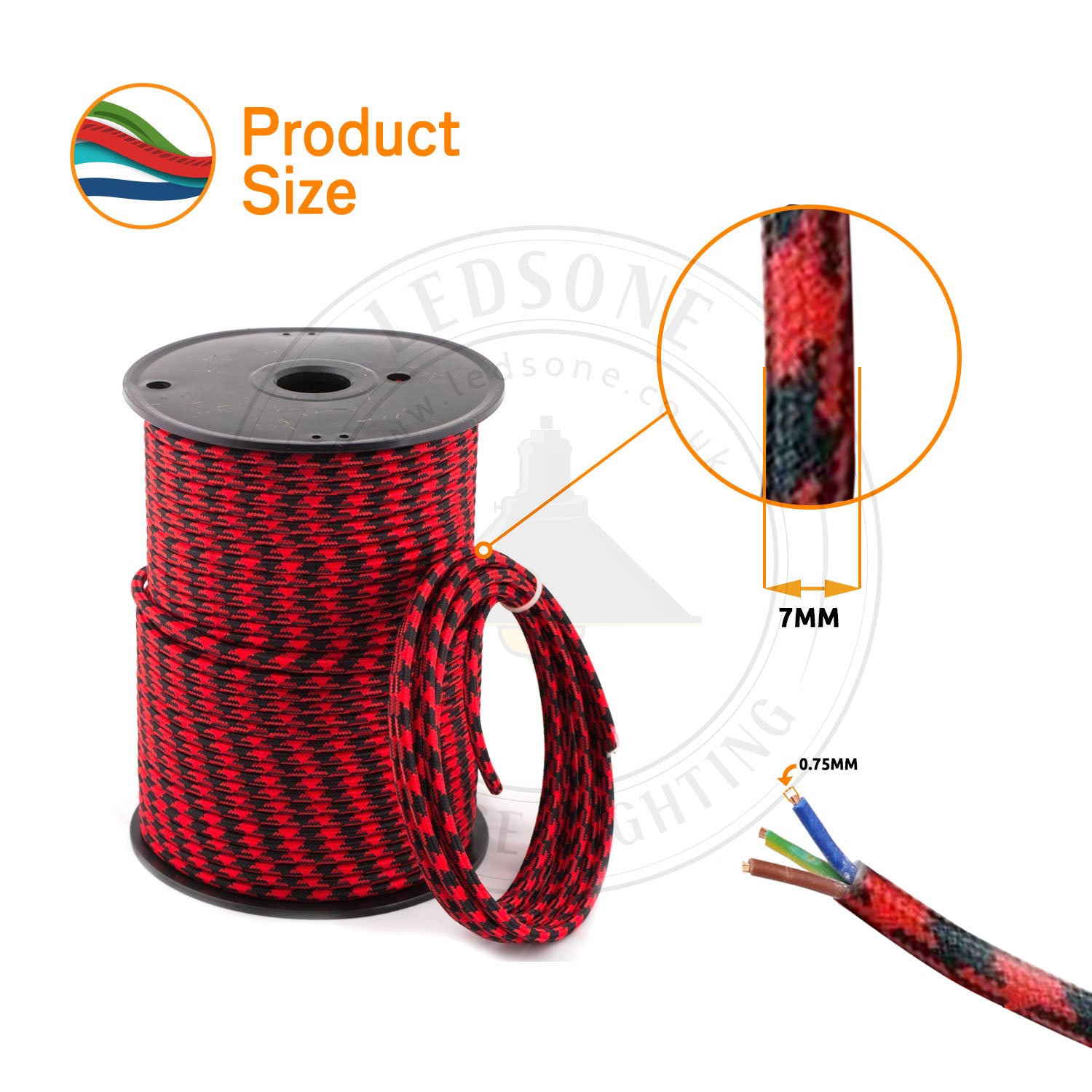 Vintage 3-Core Round Electric Cable with Colored Fabric Cover, Indoor Textile Light Flex, 300V, 8A