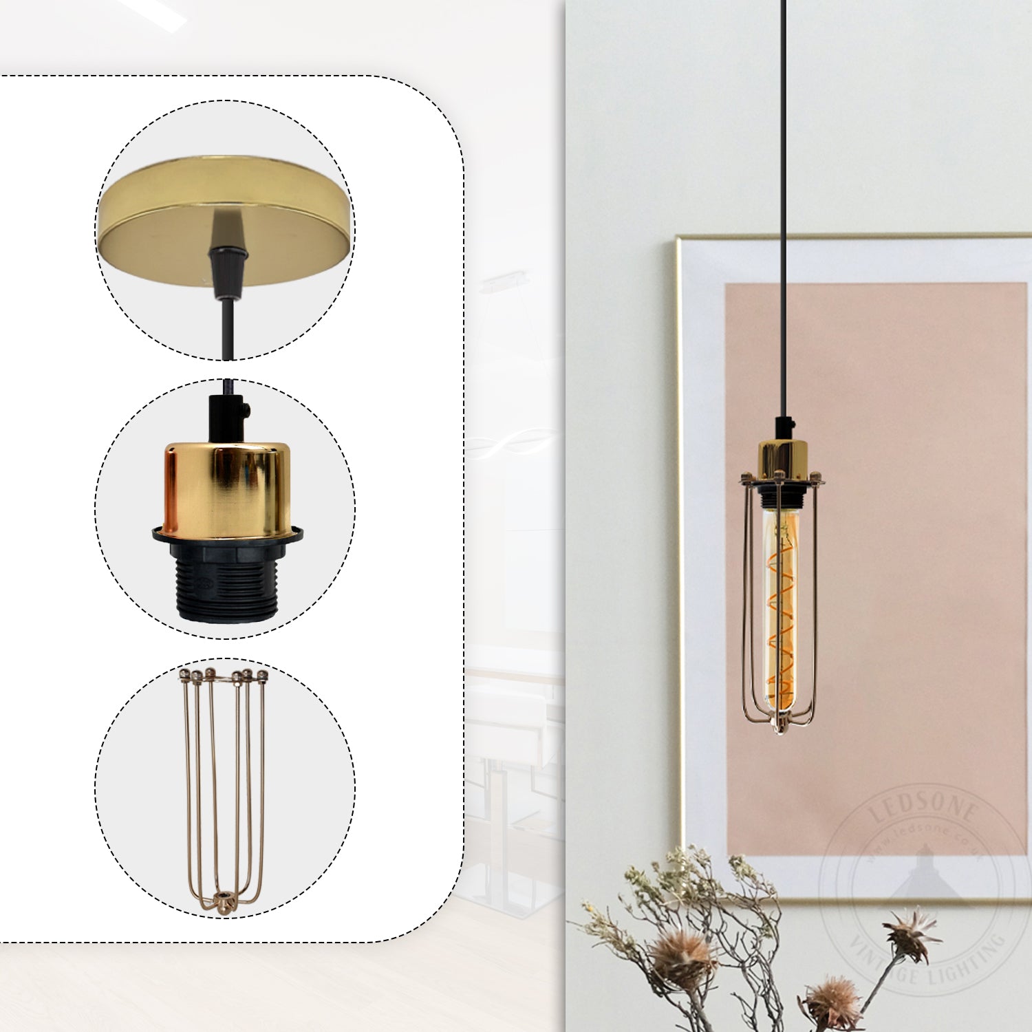 Single Ceiling E27 Pendant Light with Wire Cage - Industrial Vintage Hanging Lamp
