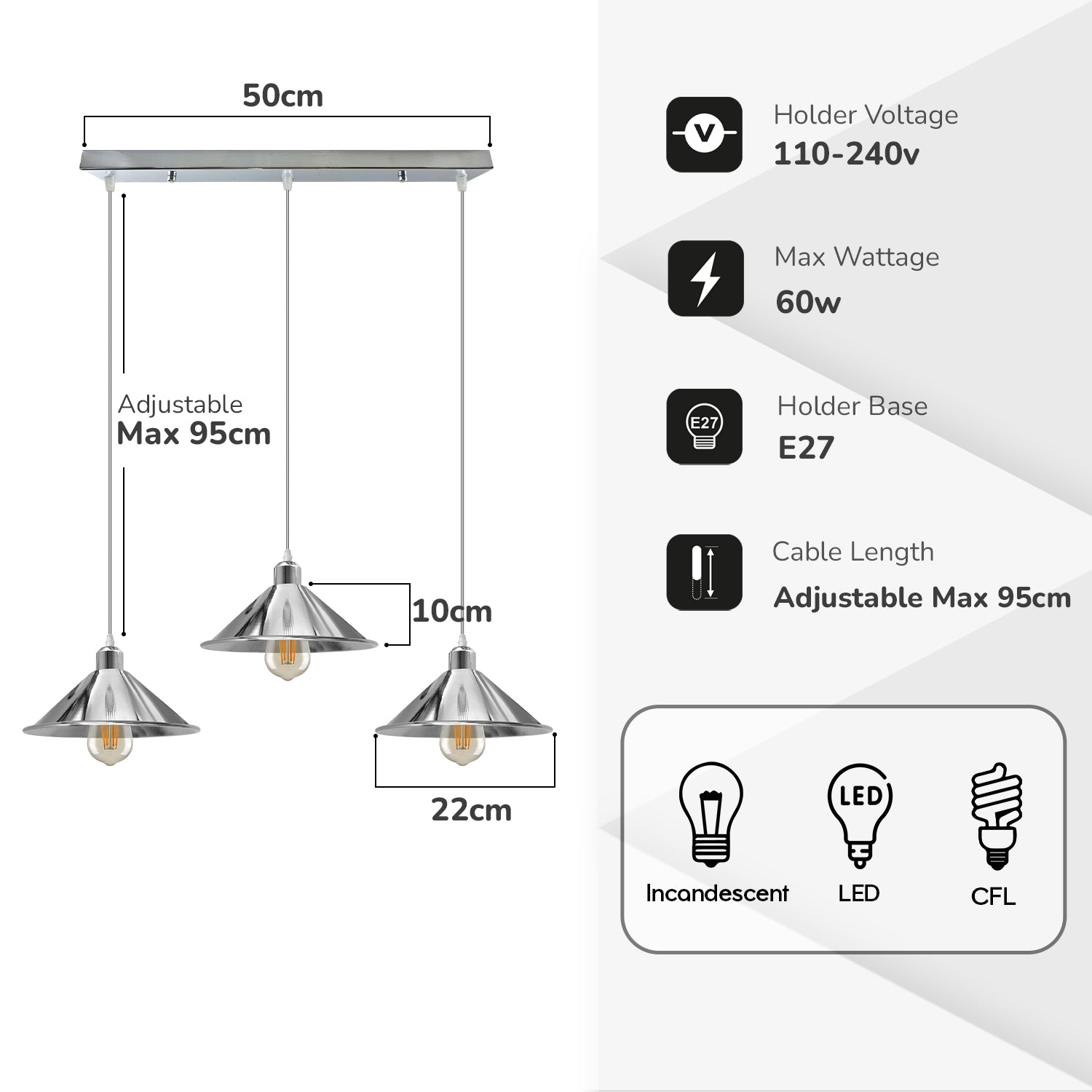 3 Head Rectangle Base Industrial Vintage Ceiling Pendant Light Shade Hanging Lamp