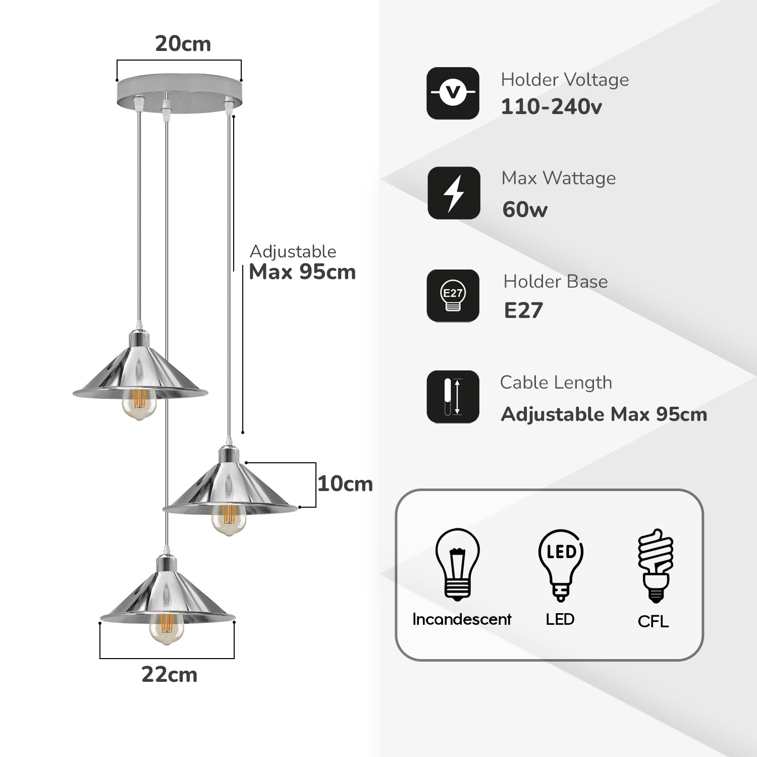 3 Head Round Base Industrial Vintage Ceiling Pendant Light Shade Hanging Lamp Lights