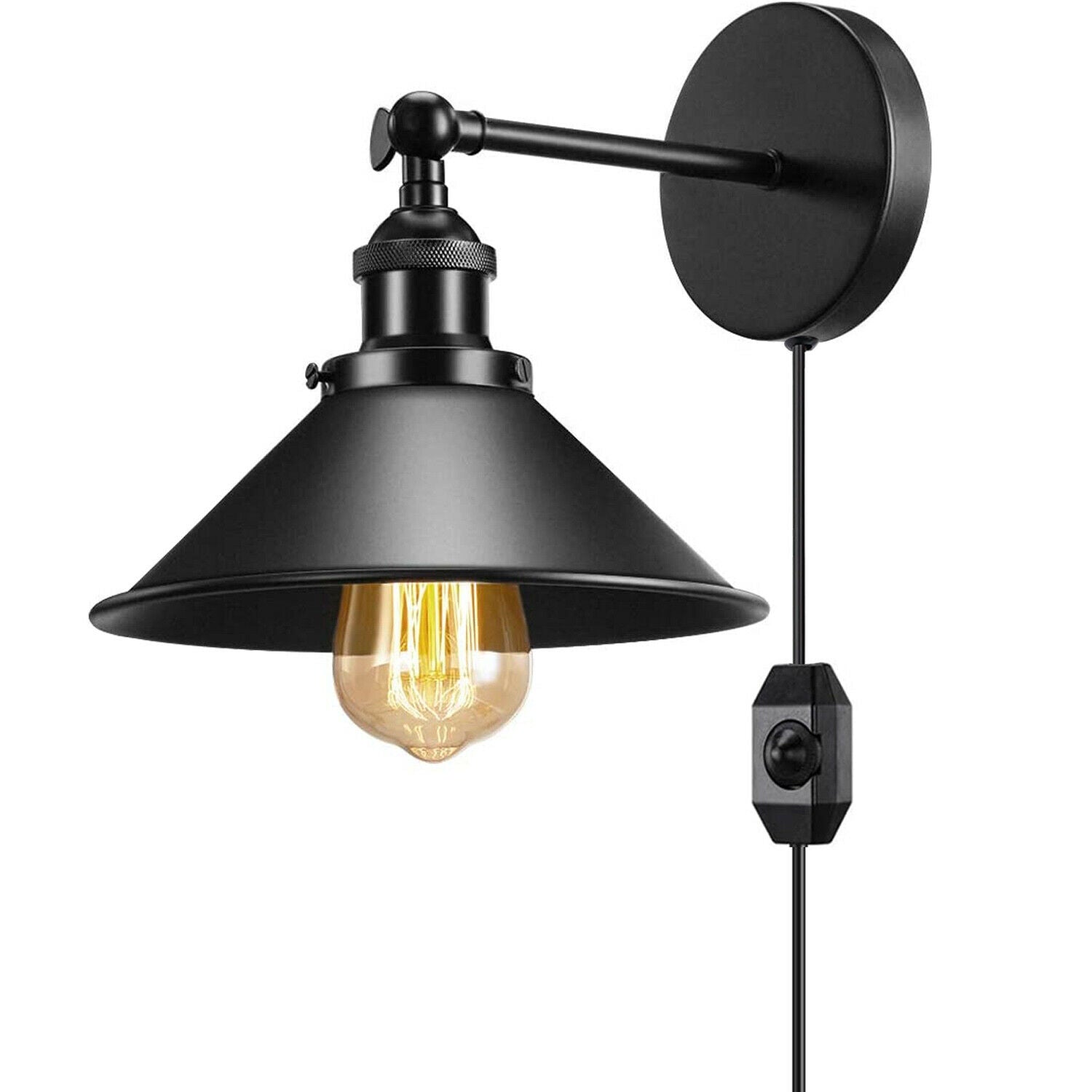 Black Metal Plug-In Wall Light Set with Cone Shade, E27, UK Plug, Indoor Sconce