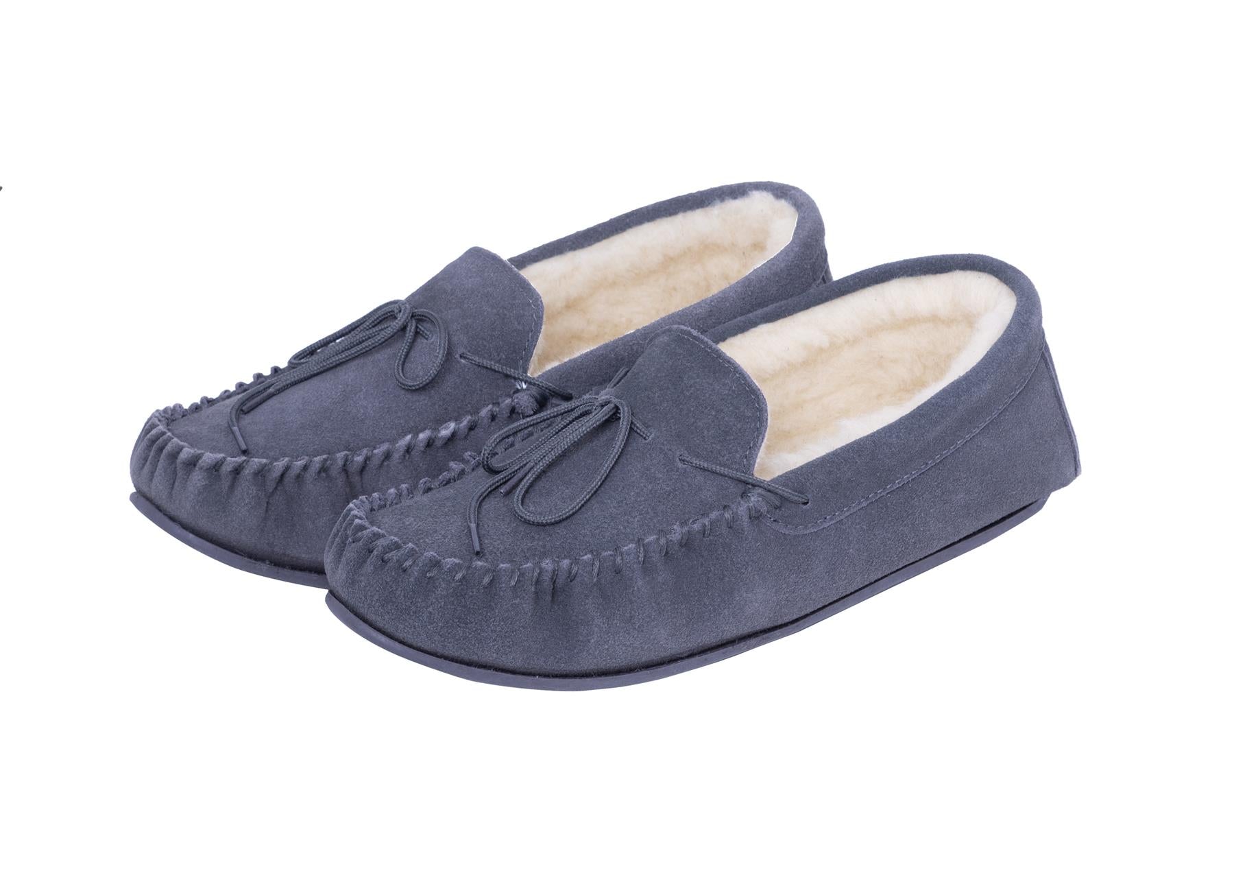 Nordvek Womens Suede Moccasin Slippers with Non-Slip Rubber Sole, Sheepskin Wool and Polyester Blend Lining