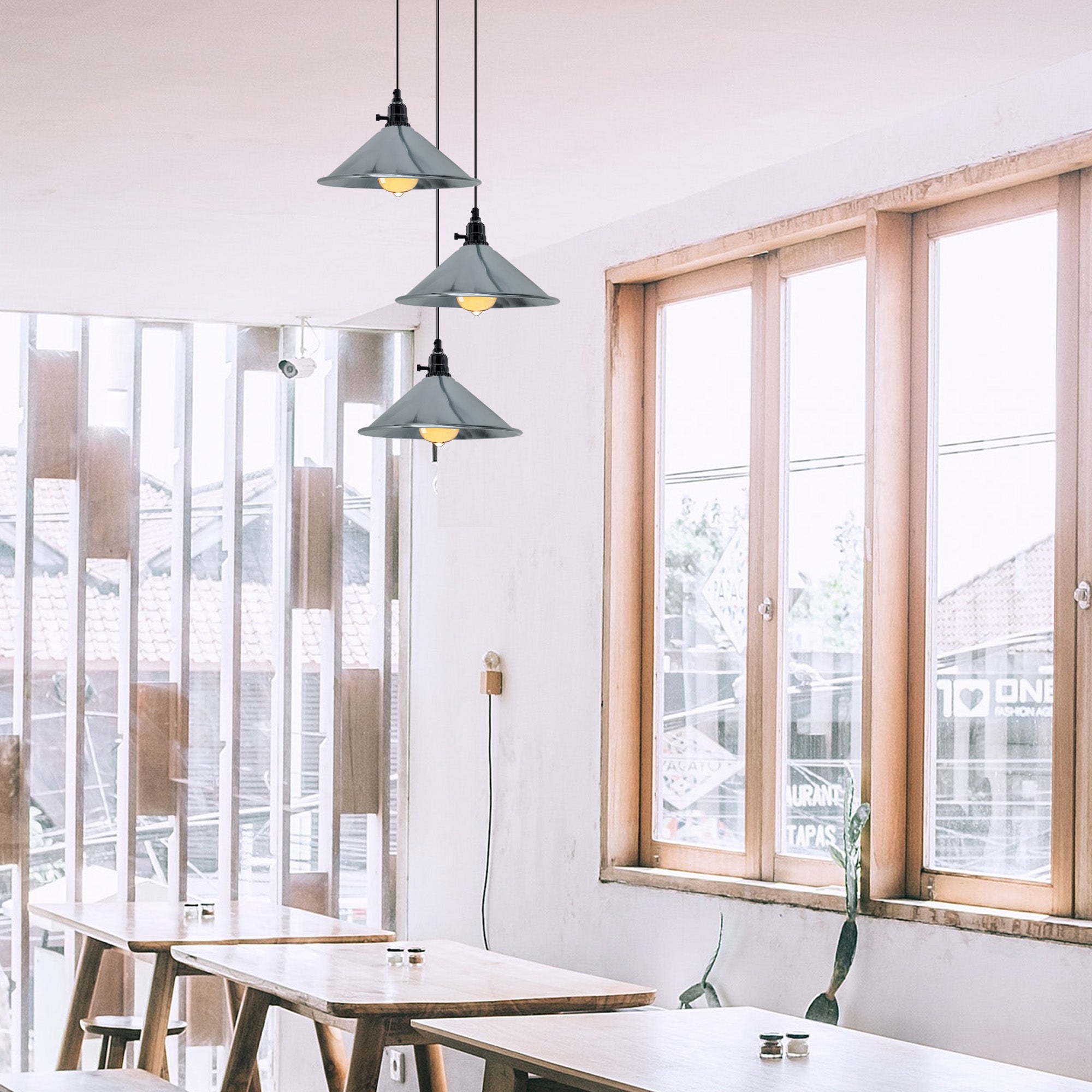 Industrial 3 Head Cluster Ceiling Pendant Light with Adjustable Cord E27 Base,Metal Light Fitting, Cone Shaped Light