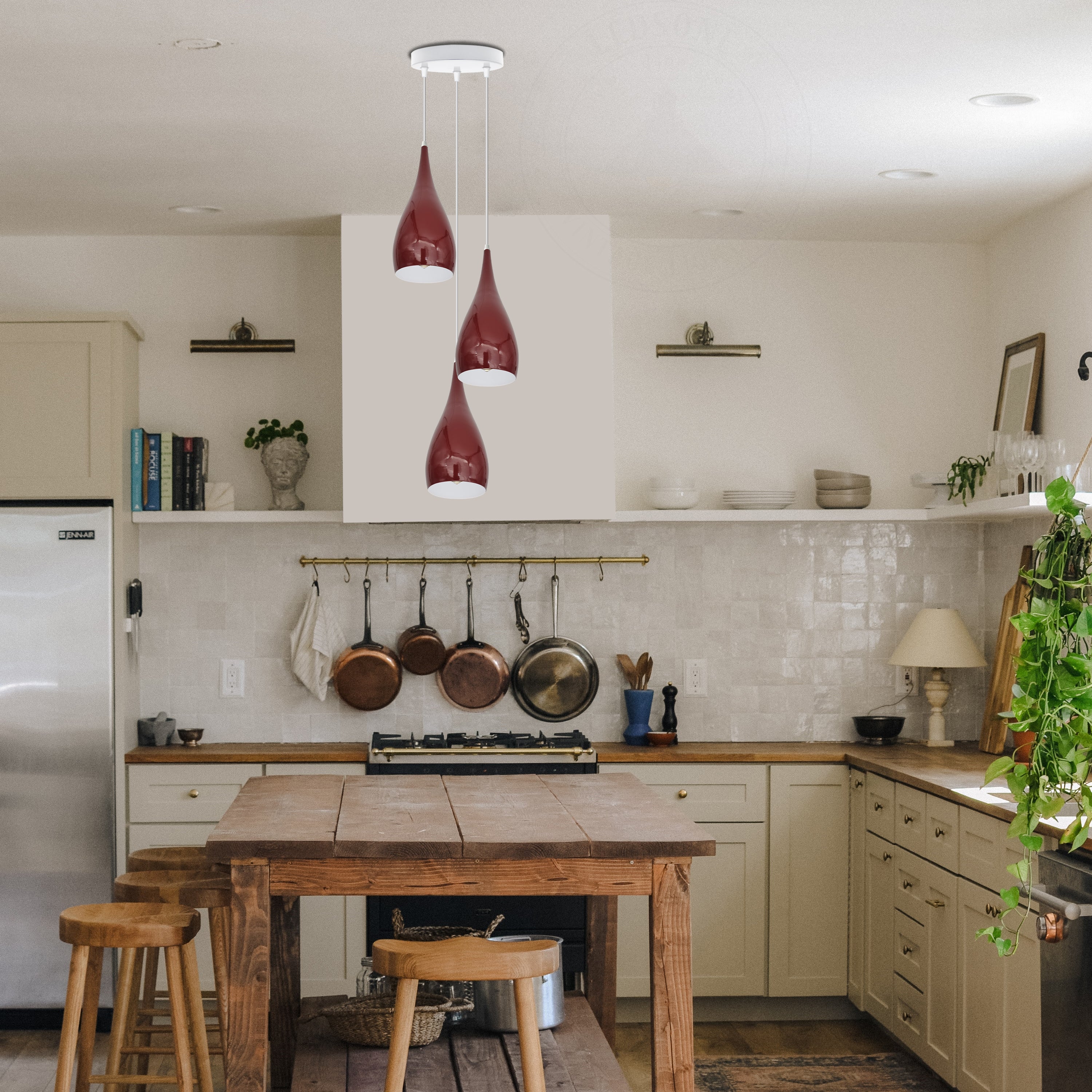 3 Head Modern Industrial Metal E27 Burgundy Teardrop Pendant Light Hanging Light Fixture
