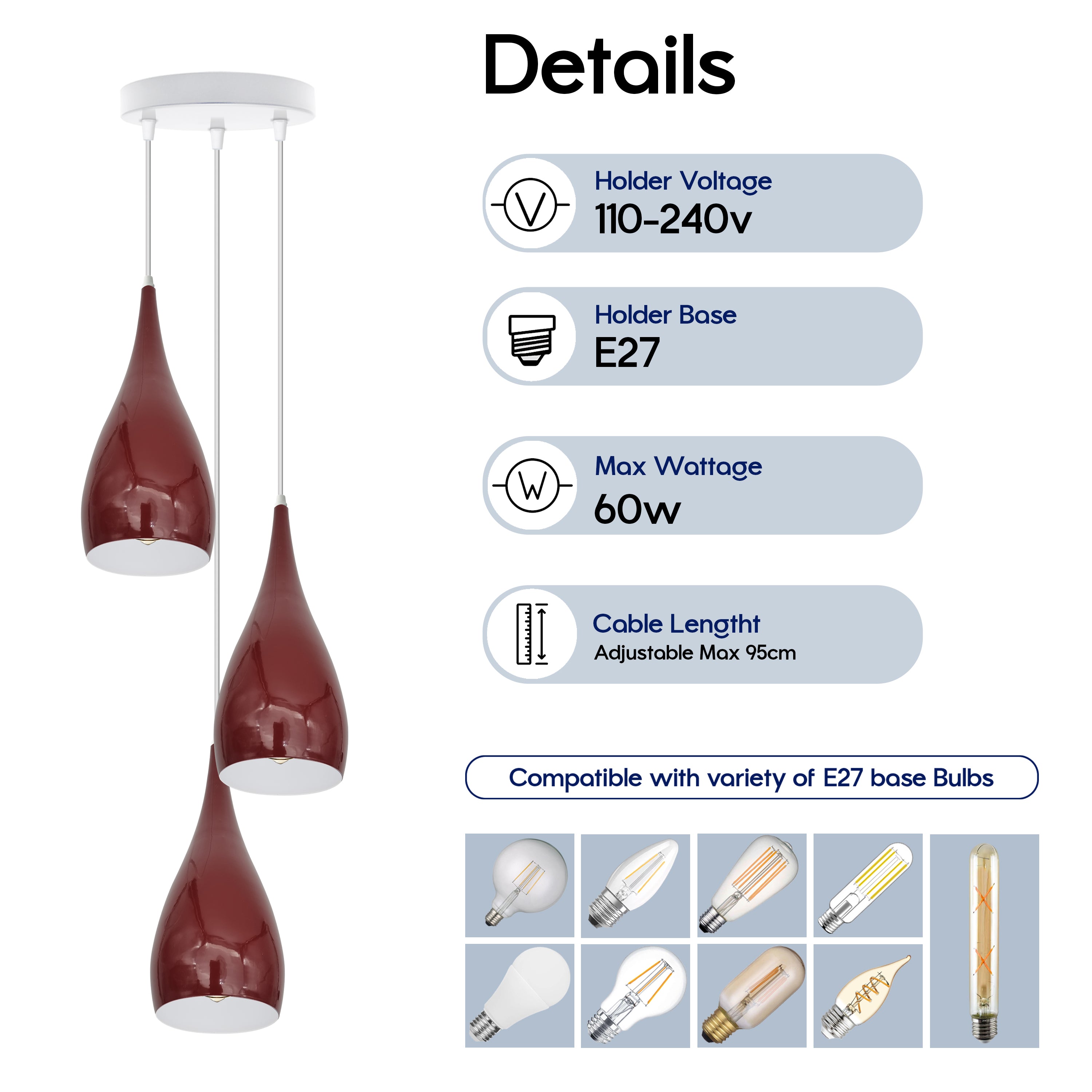 3 Head Modern Industrial Metal E27 Burgundy Teardrop Pendant Light Hanging Light Fixture
