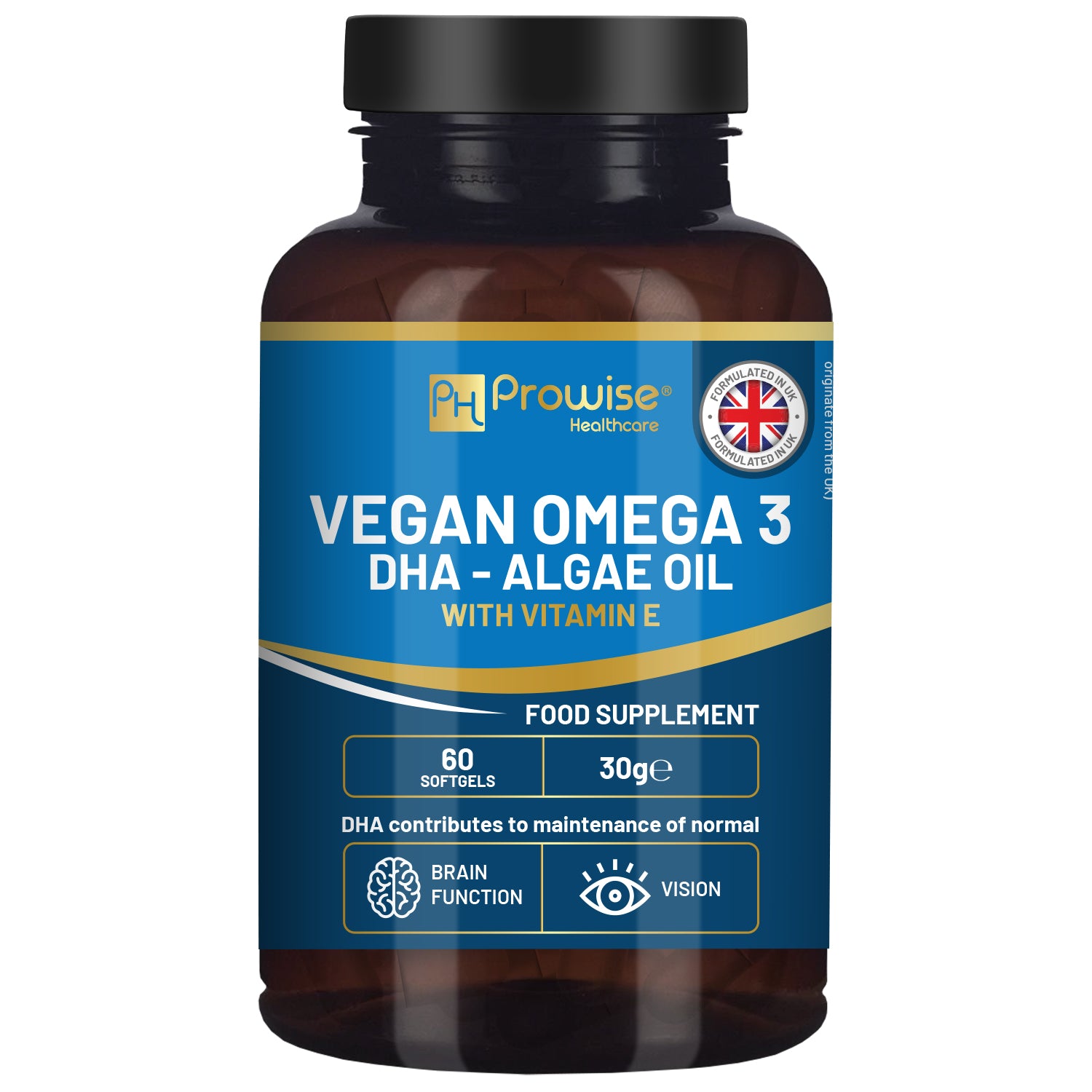 Prowise Vegan DHA Omega-3 Softgels from Algae Oil with Vitamin E, 60 Count