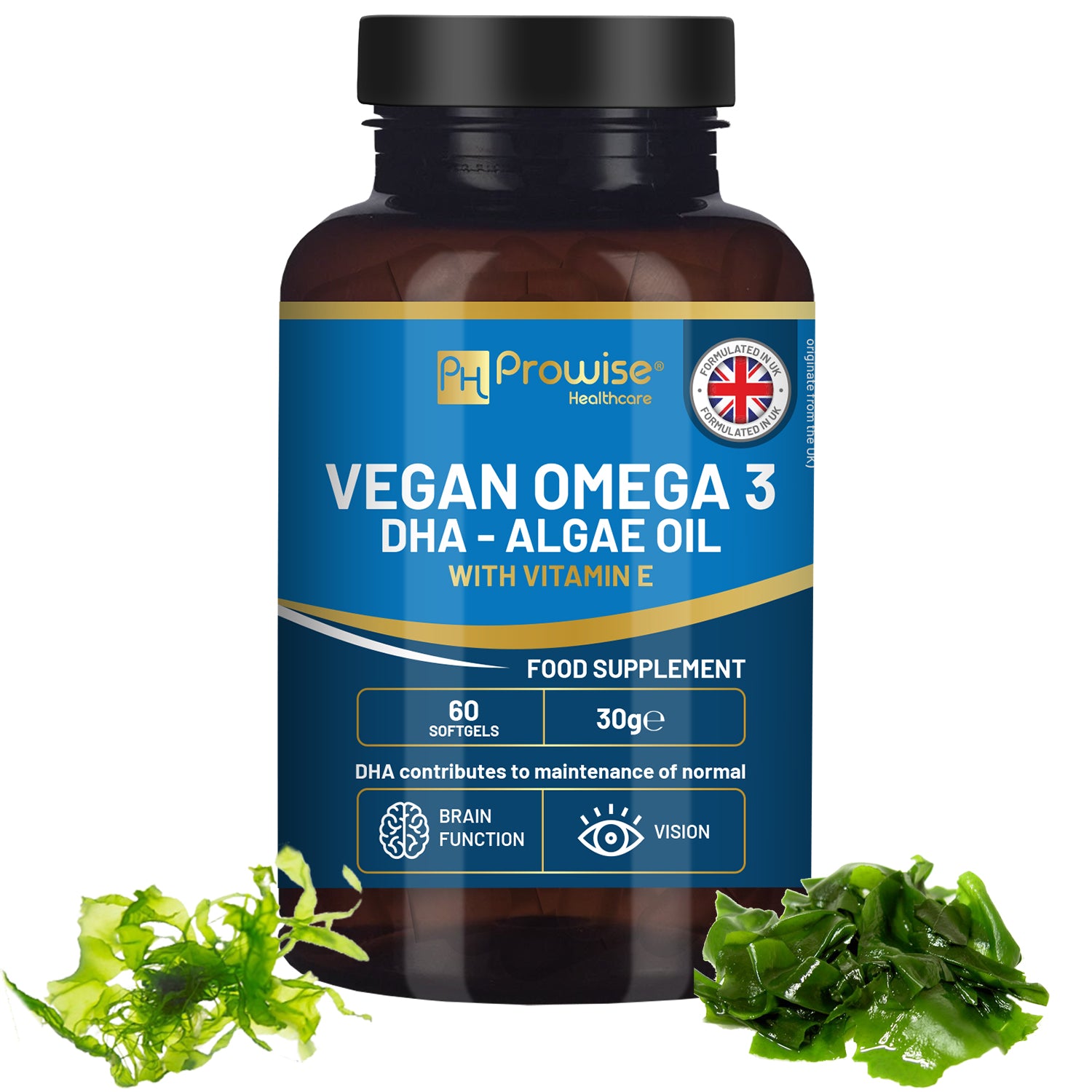 Prowise Vegan DHA Omega-3 Softgels from Algae Oil with Vitamin E, 60 Count
