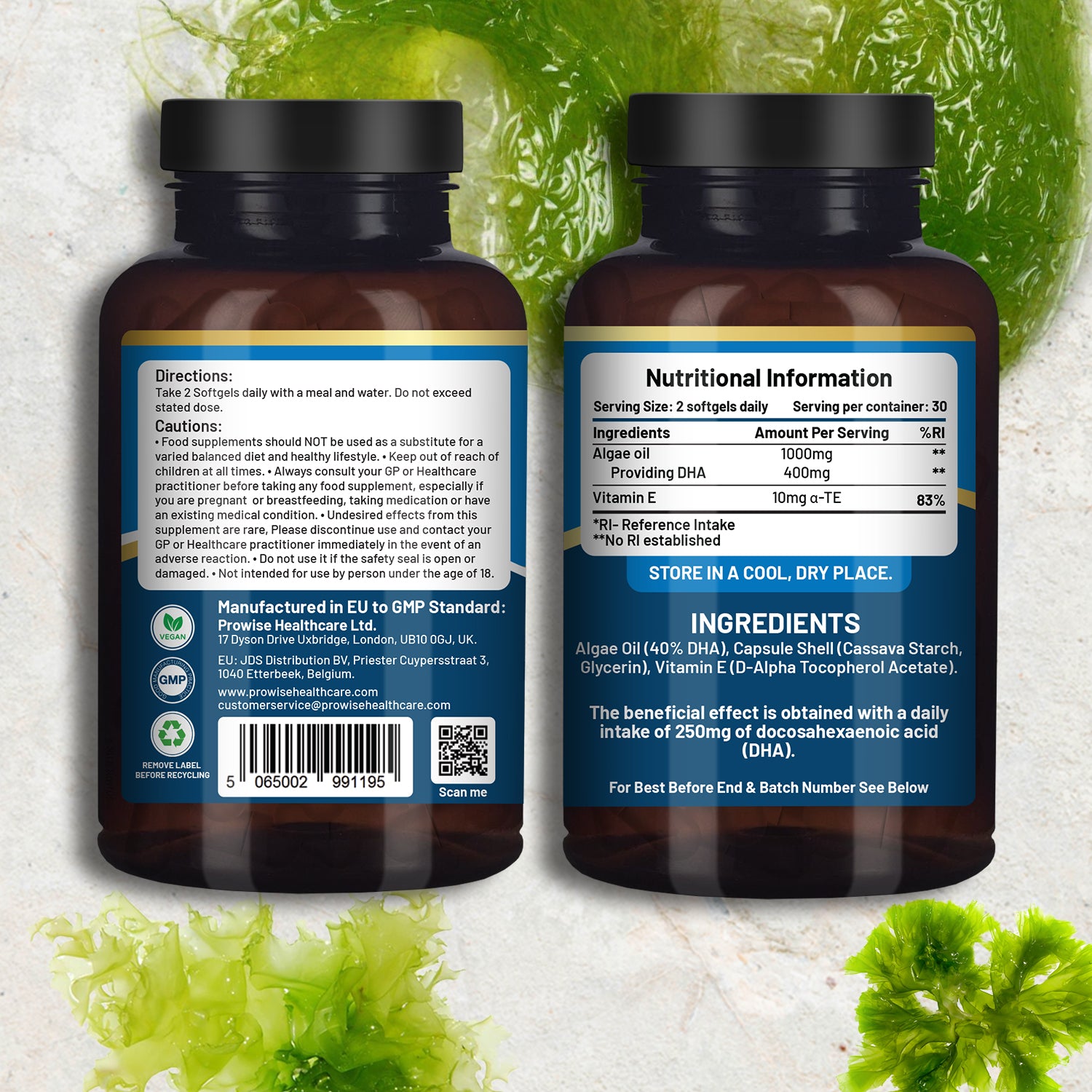 Prowise Vegan DHA Omega-3 Softgels from Algae Oil with Vitamin E, 60 Count