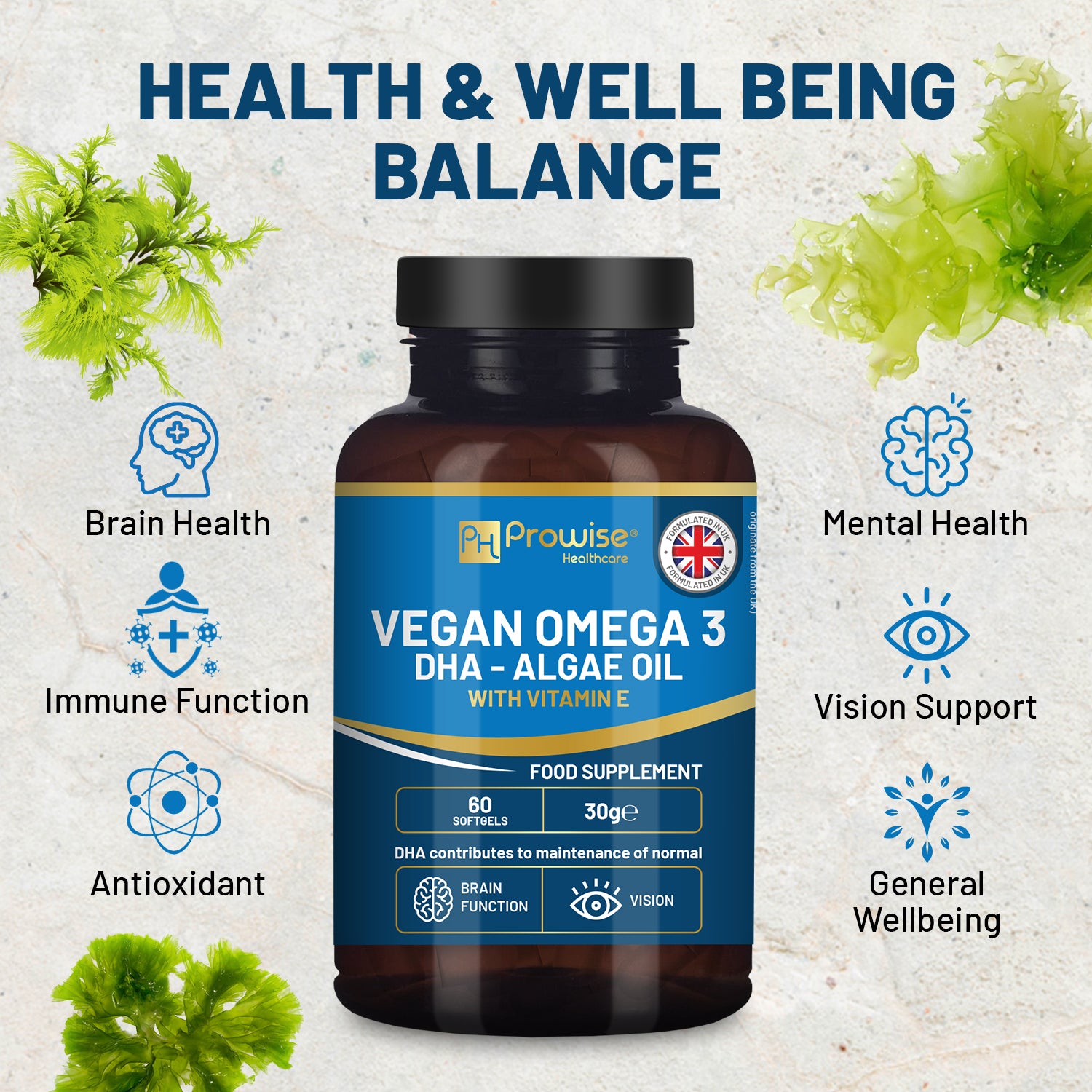 Prowise Vegan DHA Omega-3 Softgels from Algae Oil with Vitamin E, 60 Count
