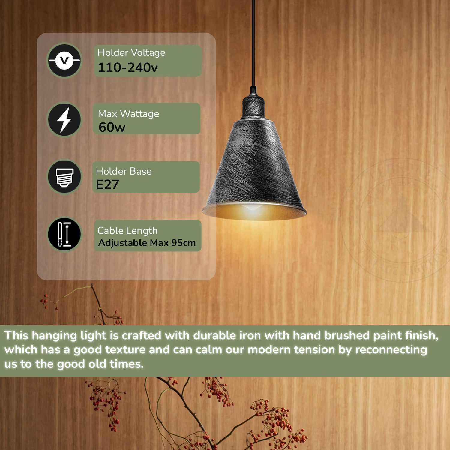 Modern Brushed Silver Cone Pendant Light, E27 Cord Ceiling Lamp