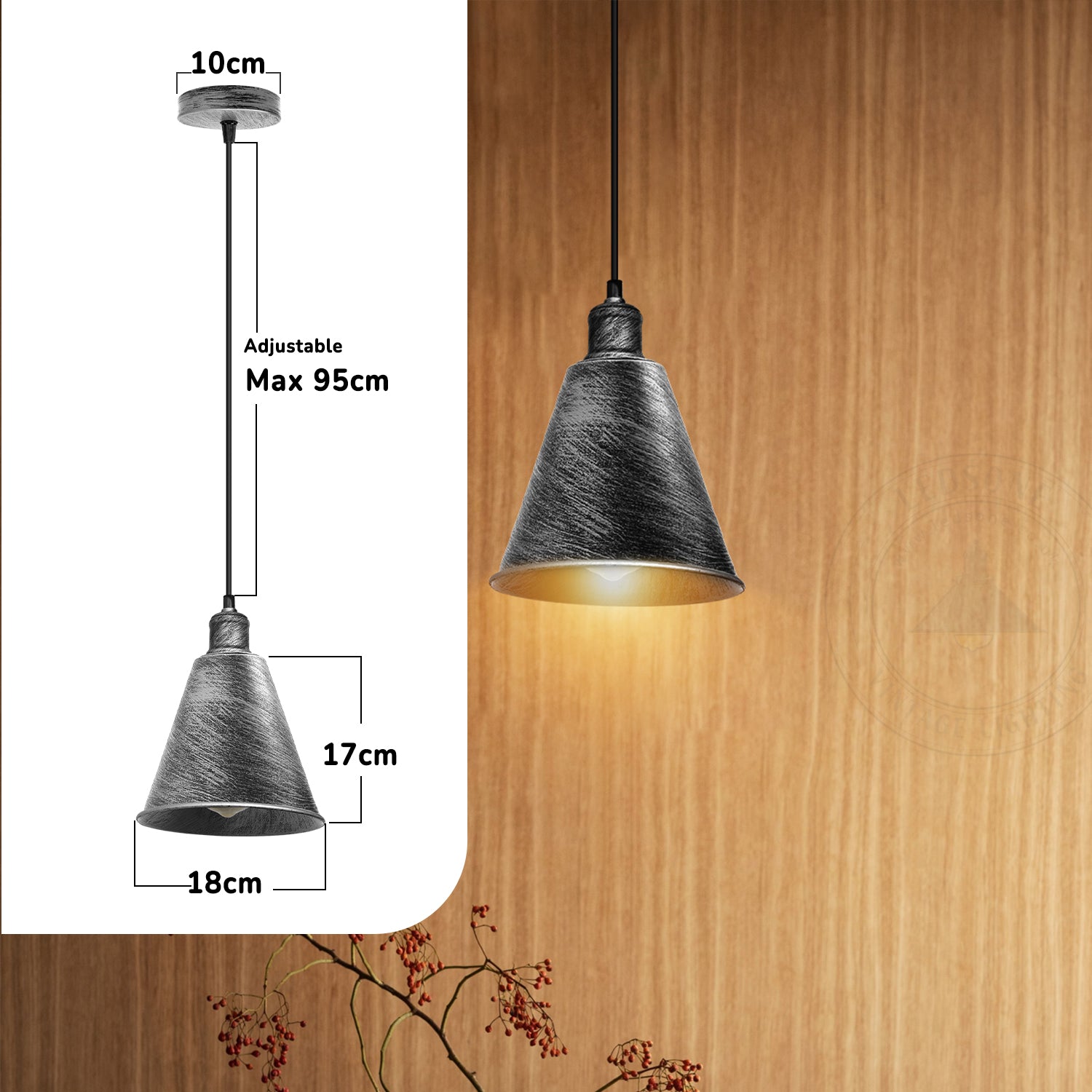 Modern Brushed Silver Cone Shaped Pendant Light Fixture, E27 Cord Hanging Lamp