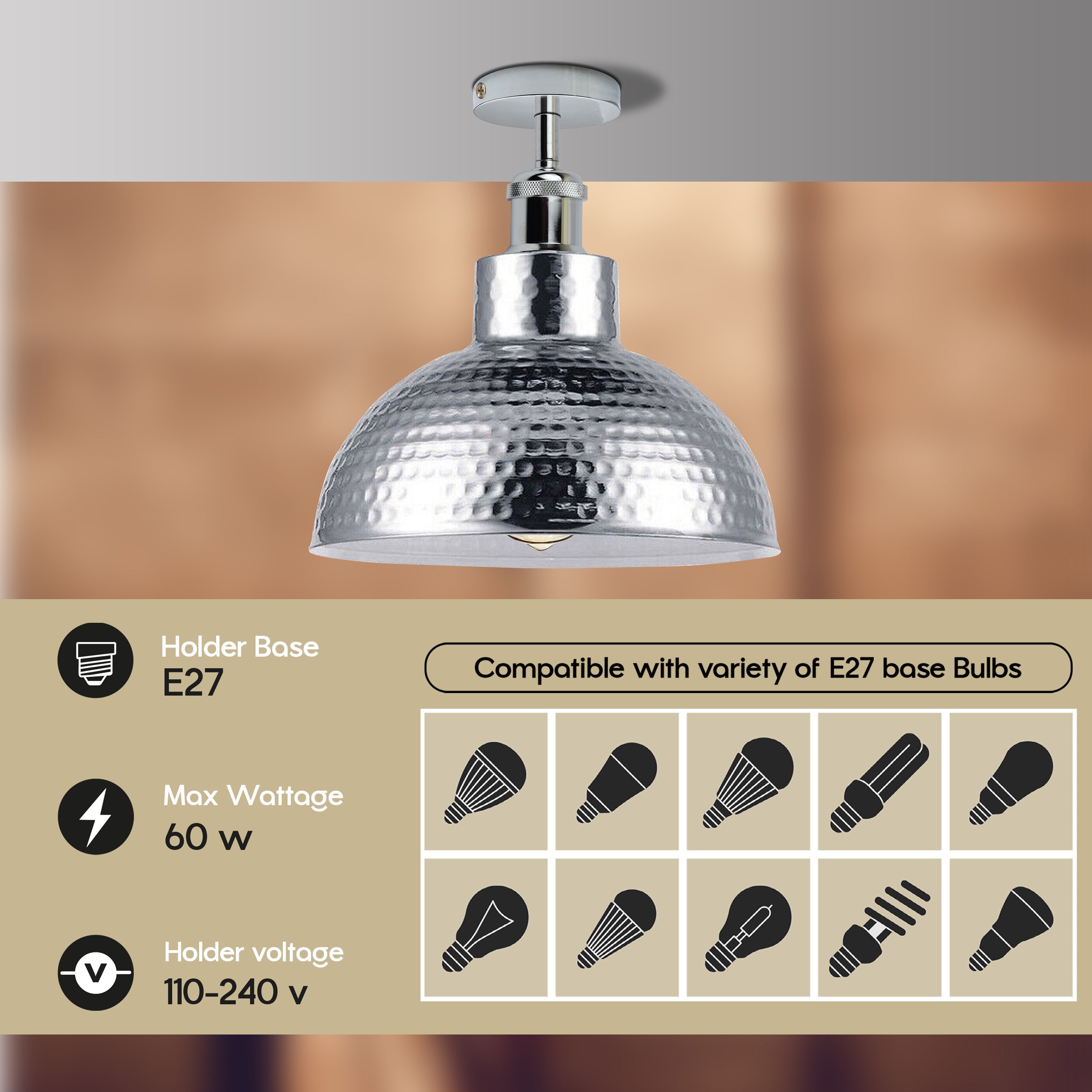 Vintage Industrial Style Flush Mount Metal Chrome Ceiling Light