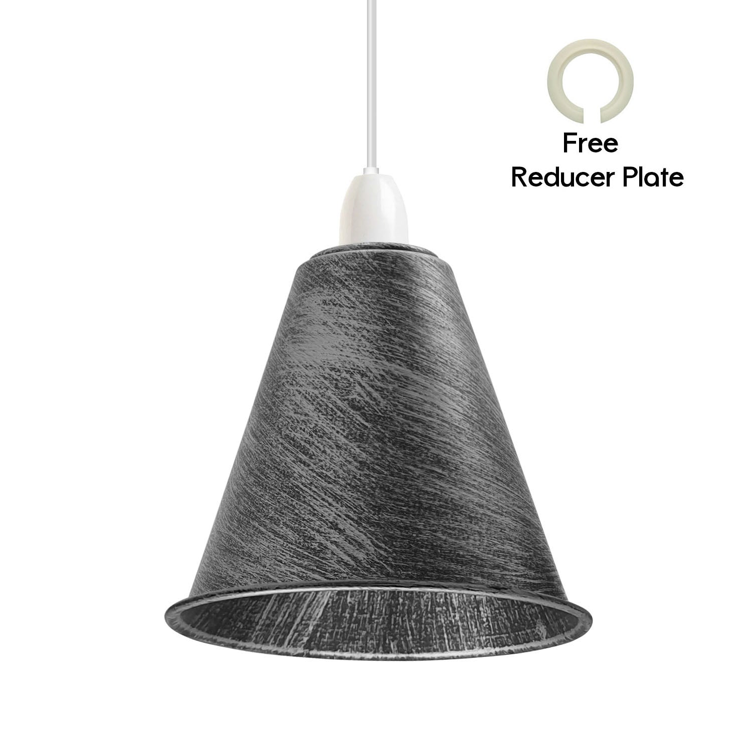 2 Pack Vintage Retro Industrial Metal Brushed Silver Cone Shape 18cm Shade Easy Fit