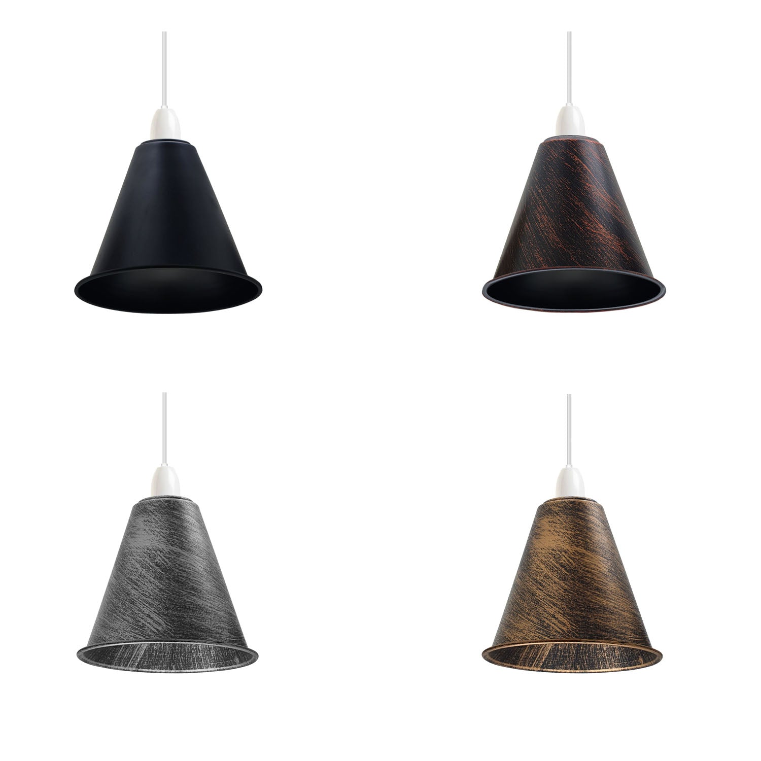 2 Pack Vintage Retro Industrial Metal Brushed Silver Cone Shape 18cm Shade Easy Fit