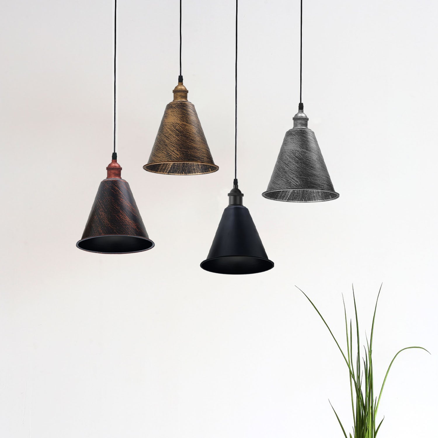 2 Pack Vintage Retro Industrial Metal Brushed Silver Cone Shape 18cm Shade Easy Fit