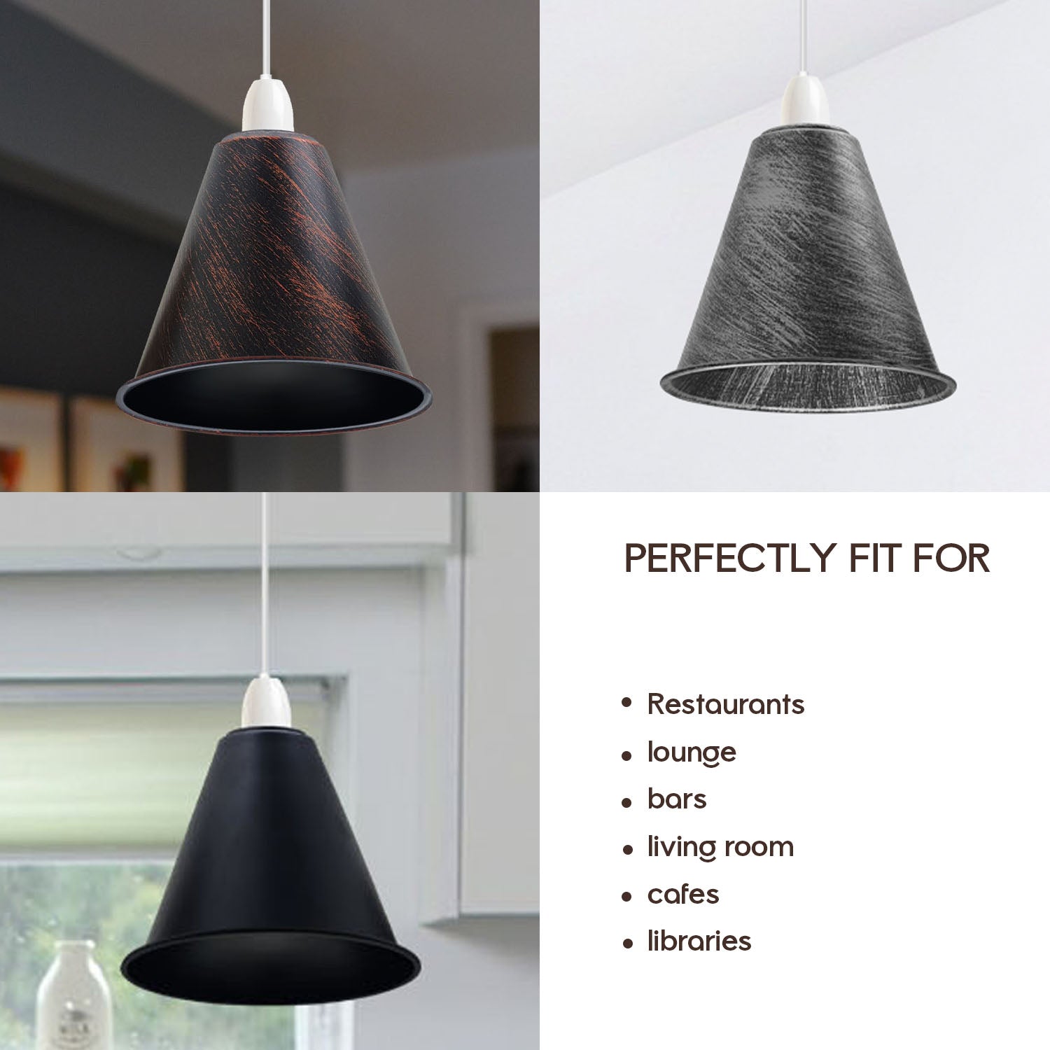 2 Pack Vintage Retro Industrial Metal Brushed Silver Cone Shape 18cm Shade Easy Fit