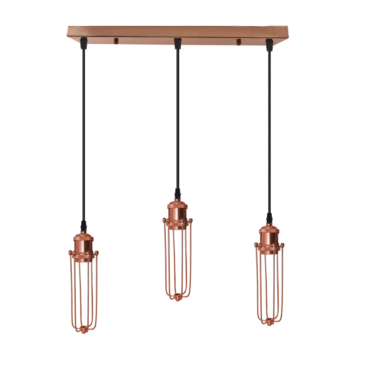 3-Light Vintage Retro Pendant Light, Rectangle Wire Cage, Rose Gold, E27 Adjustable Hanging Fixture