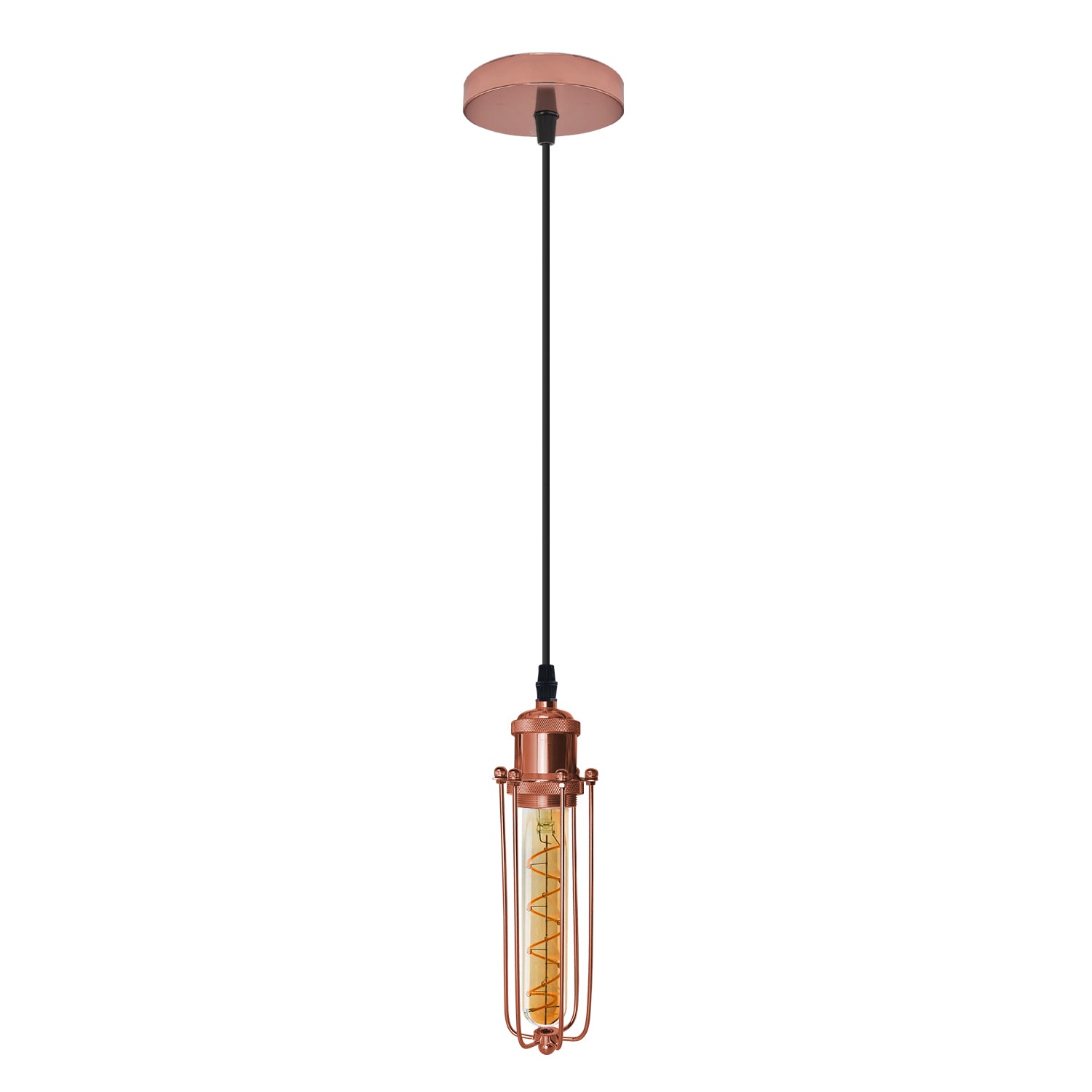 Single Rose Gold Ceiling E27 Pendant Light with Wire Cage, Industrial Vintage Hanging Lamp Fixture