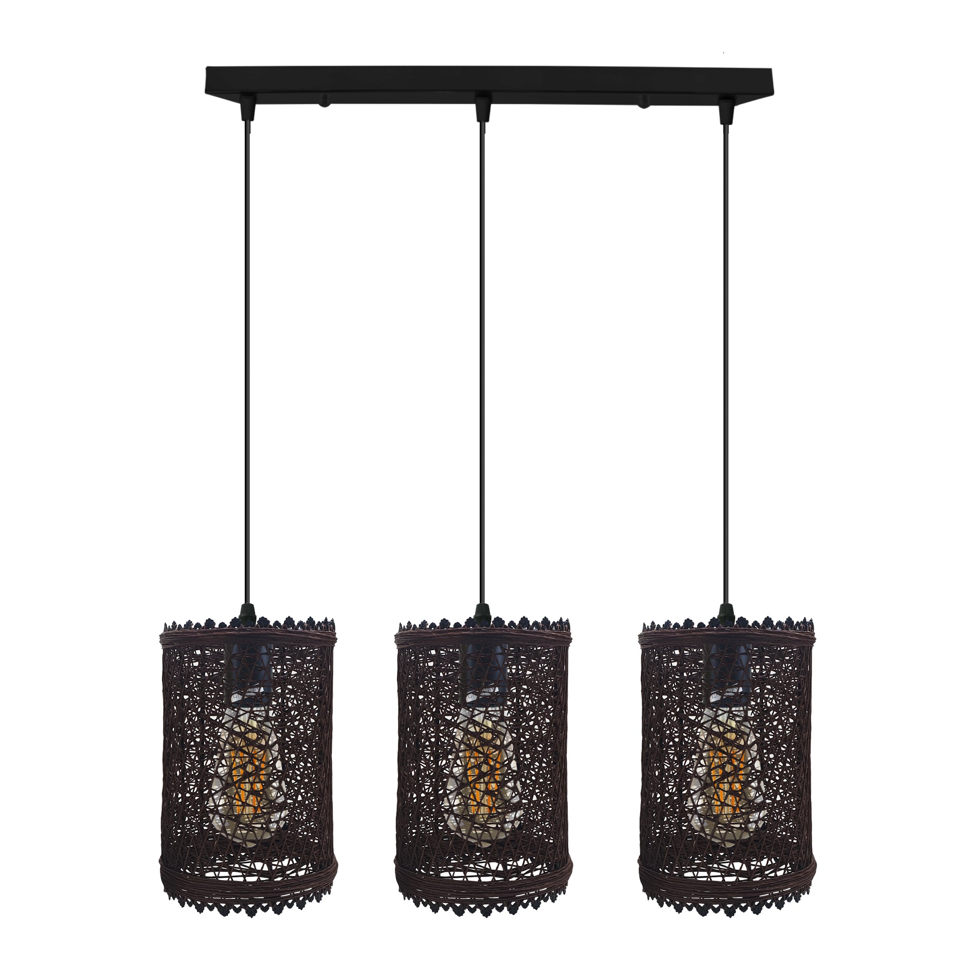 3-Head Rectangle Base Natural Wicker Rattan Pendant Ceiling Light Shade