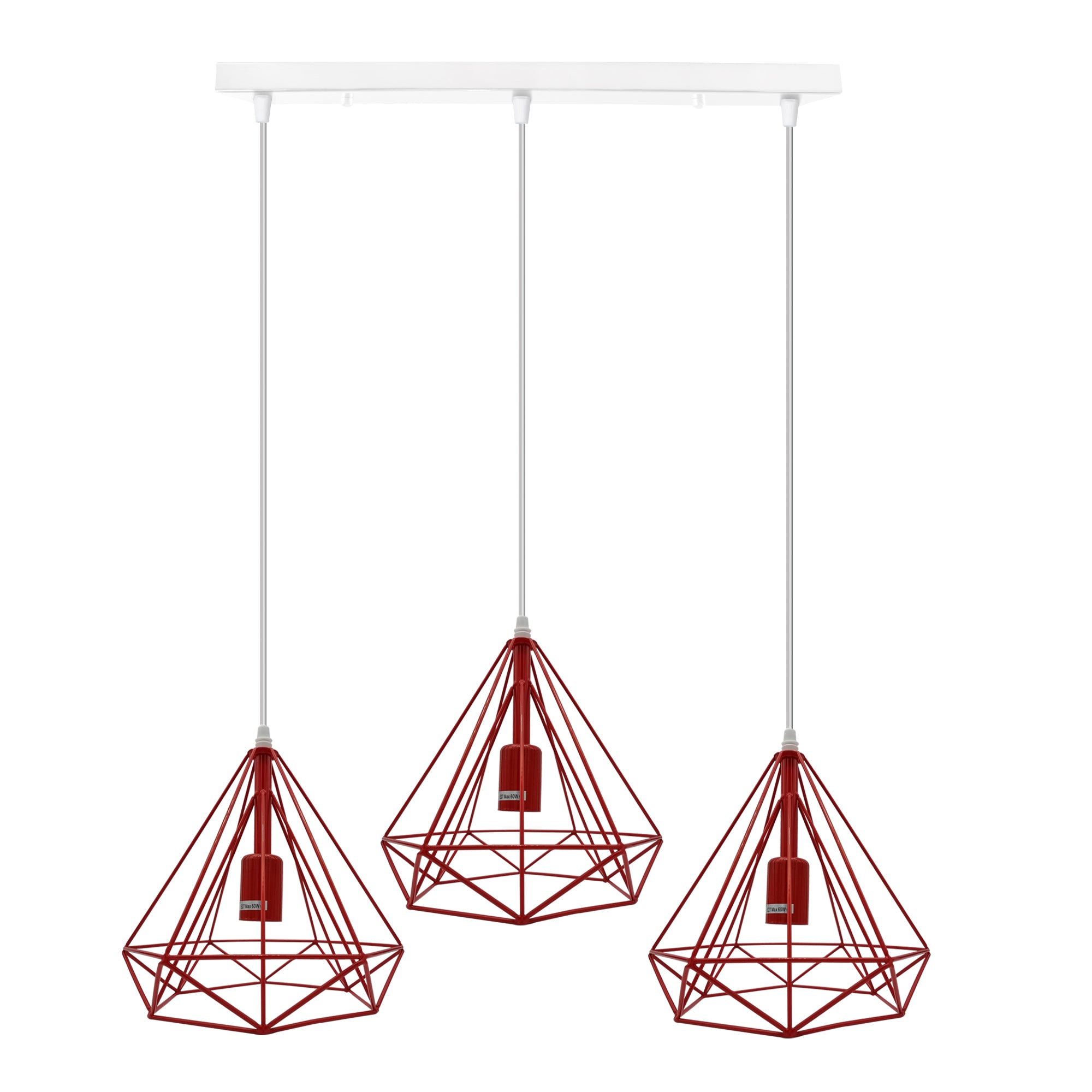 3-Head Vintage Industrial E27 Metal Ceiling Pendant Lamp with Red Rectangle Base Cage Shade