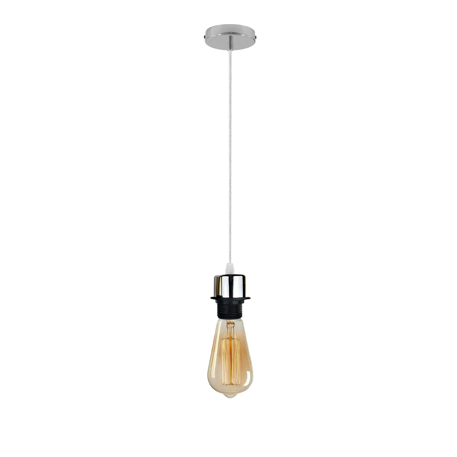 Chrome Pendant Light Fitting, E27 Lamp Holder, Lampshade Addable, Adjustable PVC Cable, Vintage Retro Style