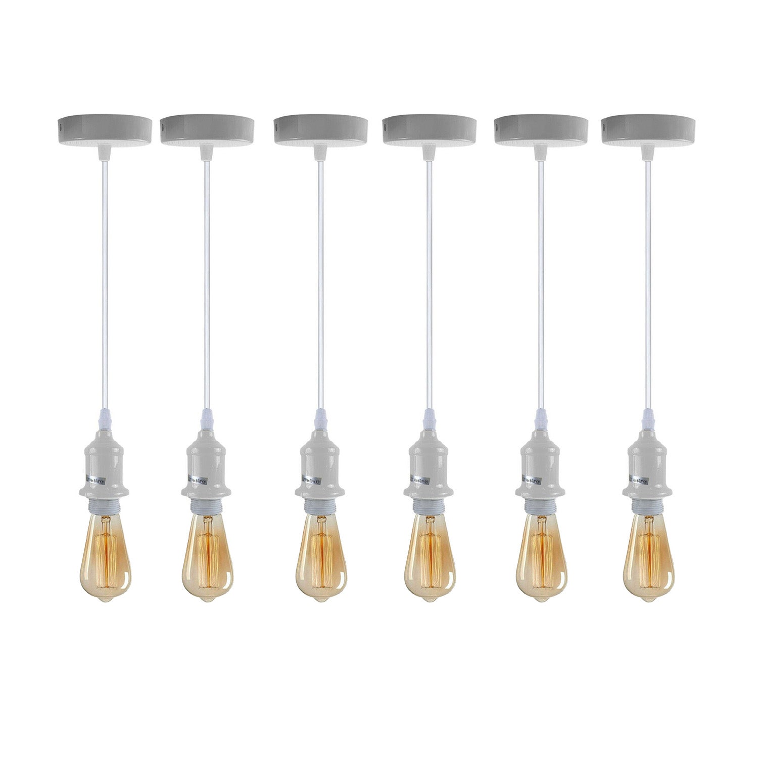 6 Pack Industrial E27 Pendant Light Fittings, Lampshade Compatible, White Holder Set with PVC Cable