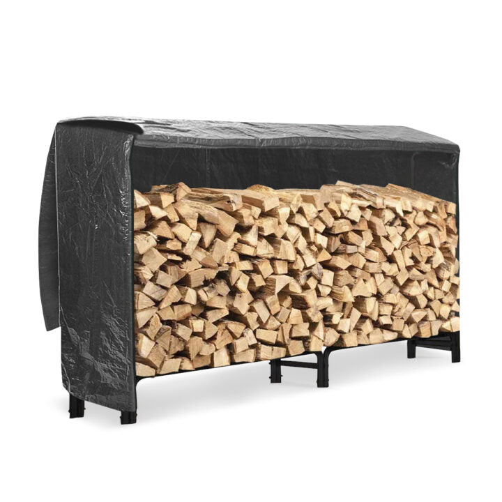 Neo 240cm Outdoor Metal Log Holder Rack with Weather Cover, Black Powder-Coated