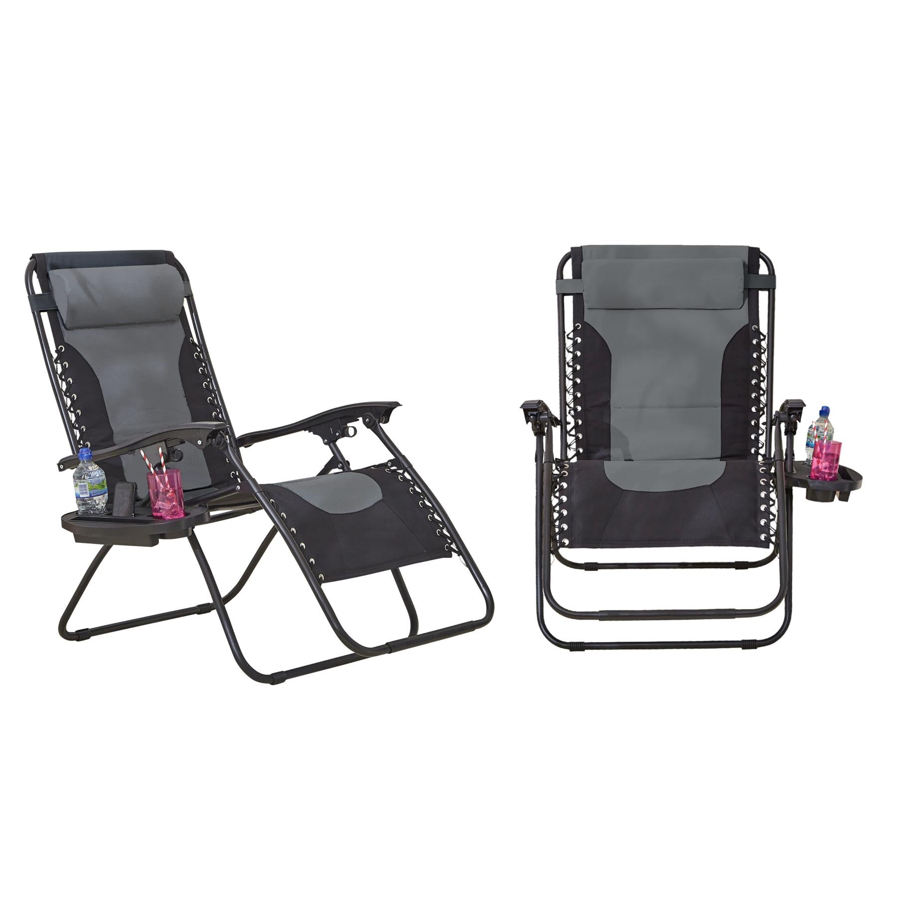 Neo Grey Pair of XL Outdoor Zero Gravity Sun Loungers with Removable Pillows and Cup Holder Tray