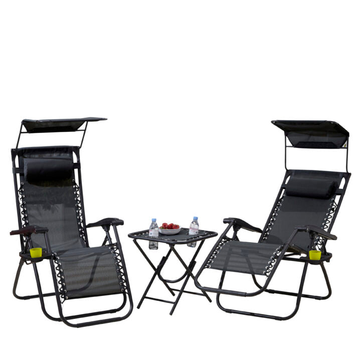 Neo Black Folding Zero Gravity Garden Chair and Table Set with 2 Reclining Chairs and Side Table