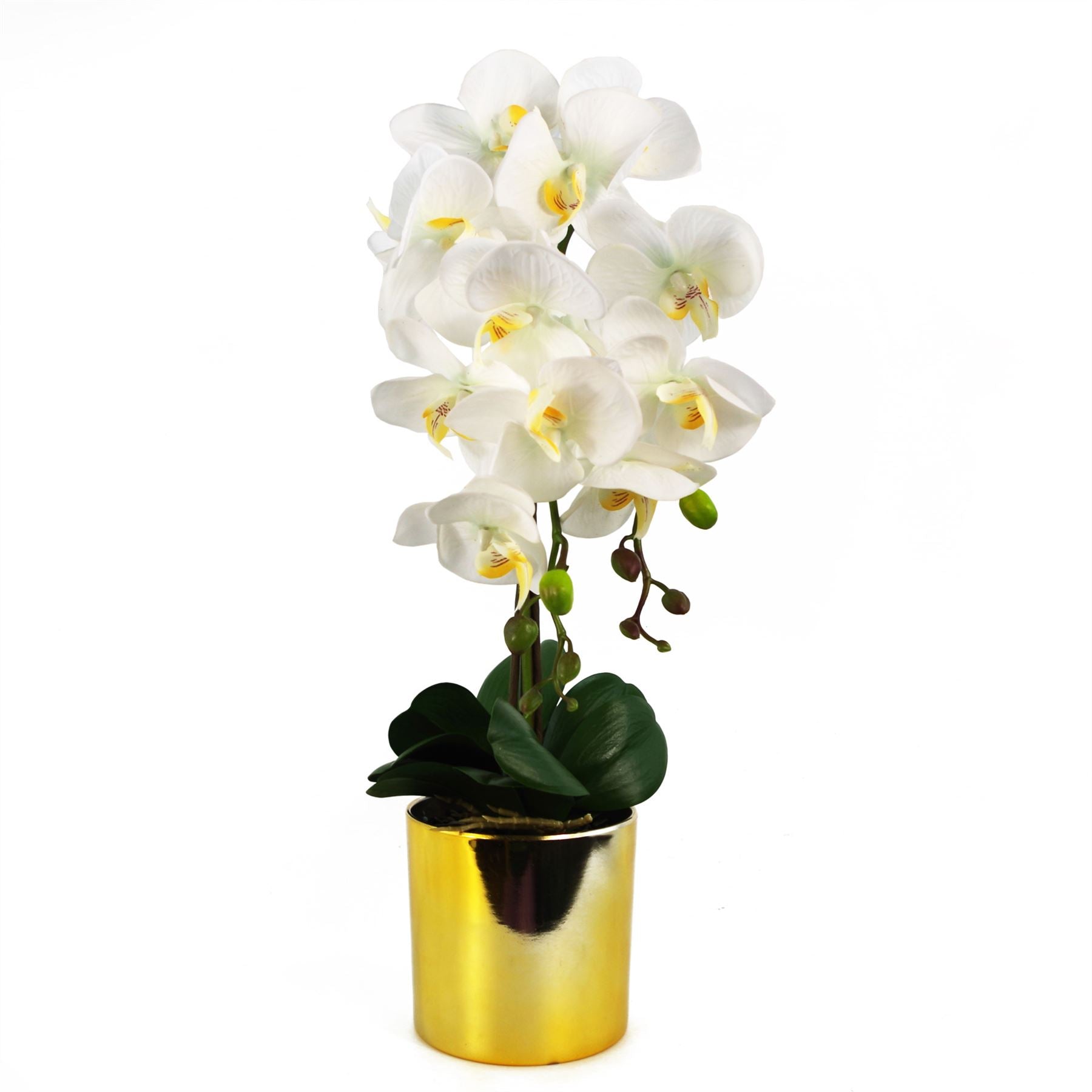 Leaf 52cm Artificial Orchid with 14 Real Touch Flowers, White Gold Decorative Pot