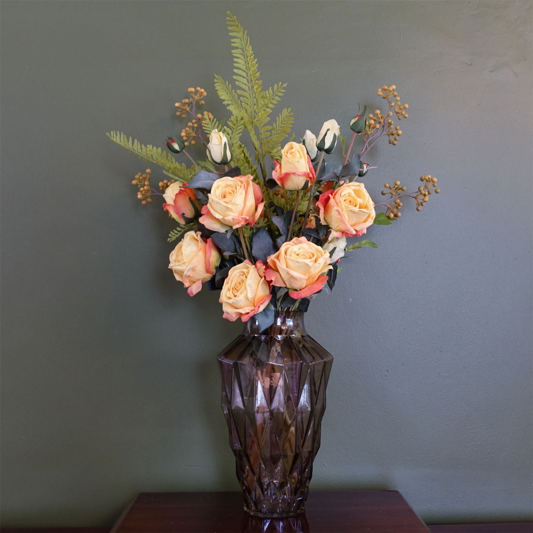 65cm Yellow Rose Artificial Flower Arrangement with Brown Geometric Glass Vase