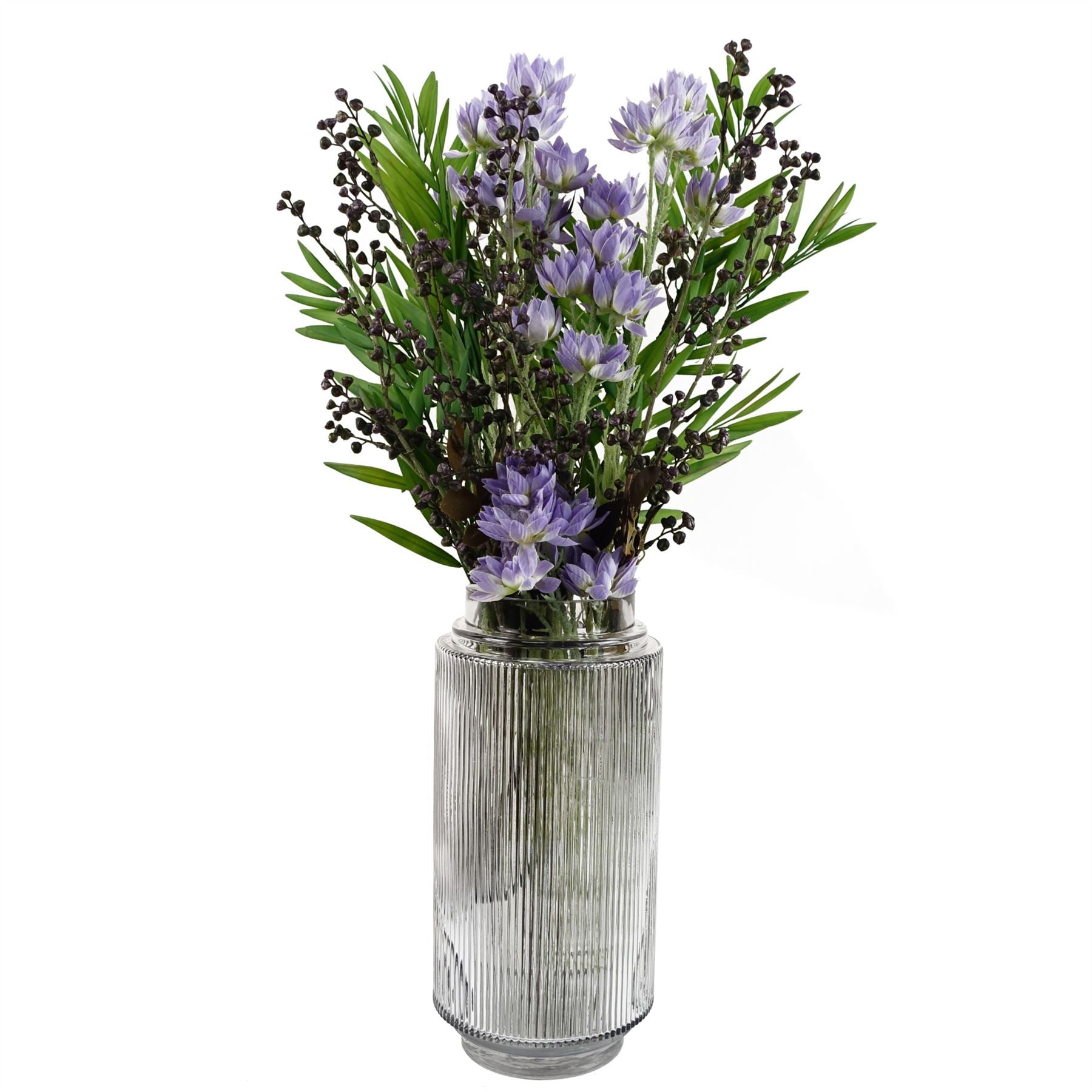 Leaf 60cm Artificial Purple Starflower Arrangement with Clear Ridged Glass Vase