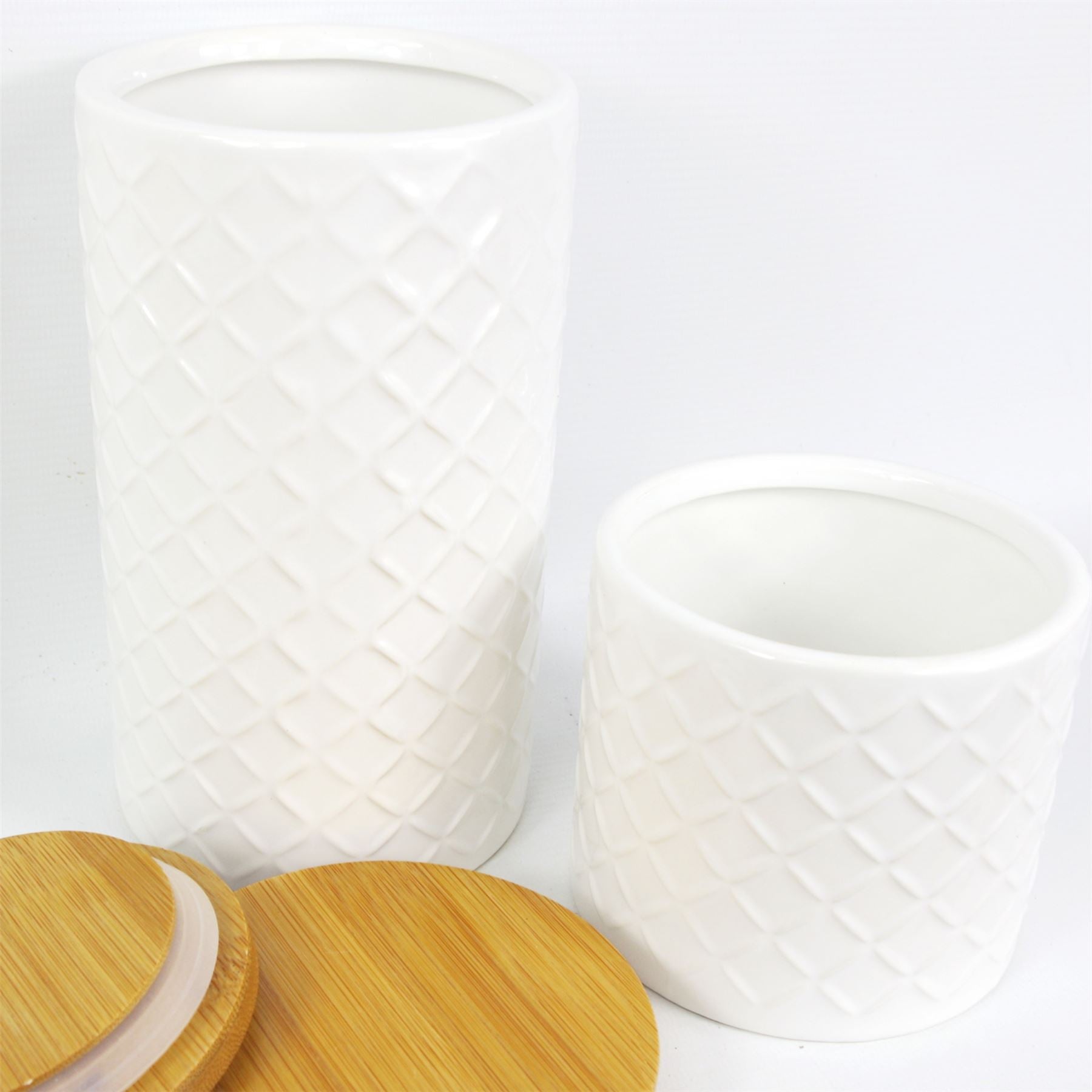Leaf Set of Two Ceramic Kitchen Storage Canisters with Bamboo Lids
